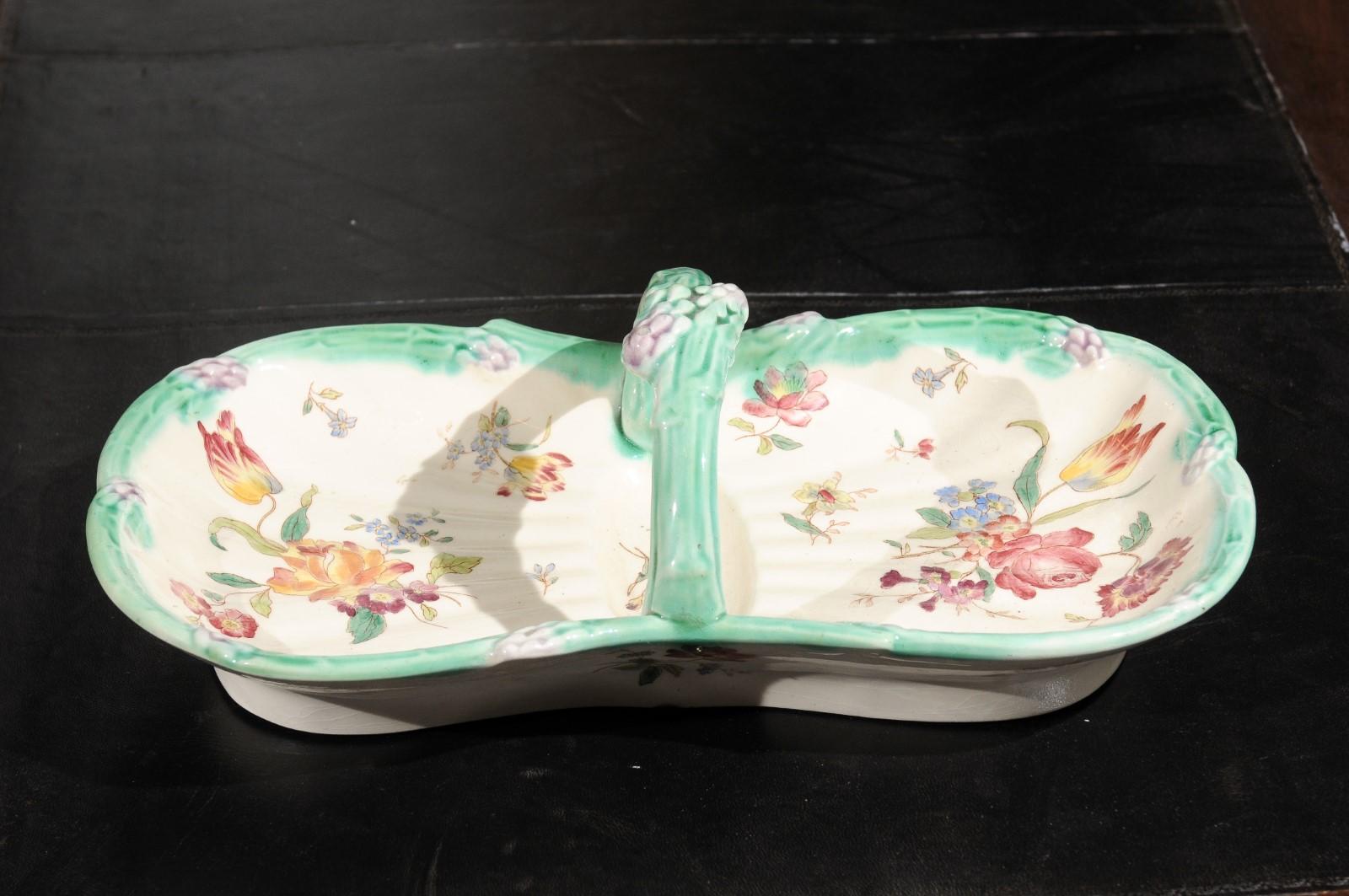 French 19th Century Longchamp Majolica Asparagus Server with Floral Decor For Sale 4