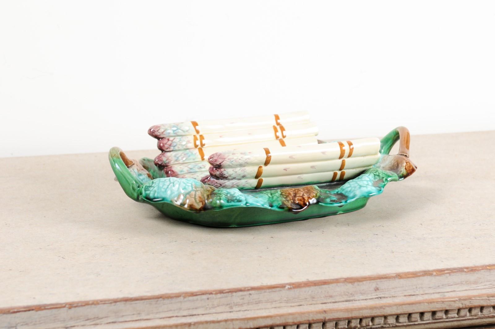 French 19th Century Longchamp Majolica Asparagus Server with Foliage Platter In Good Condition For Sale In Atlanta, GA