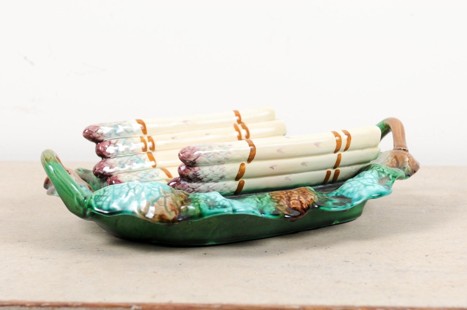 French 19th Century Longchamp Majolica Asparagus Server with Foliage Platter For Sale 3