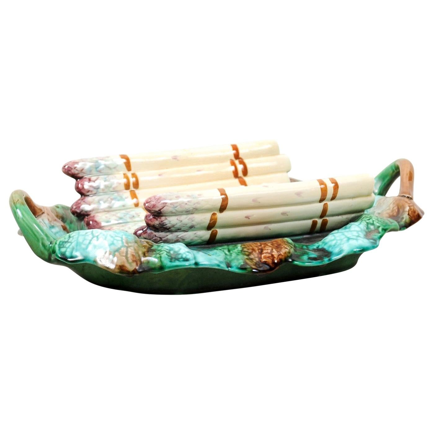 French 19th Century Longchamp Majolica Asparagus Server with Foliage Platter For Sale