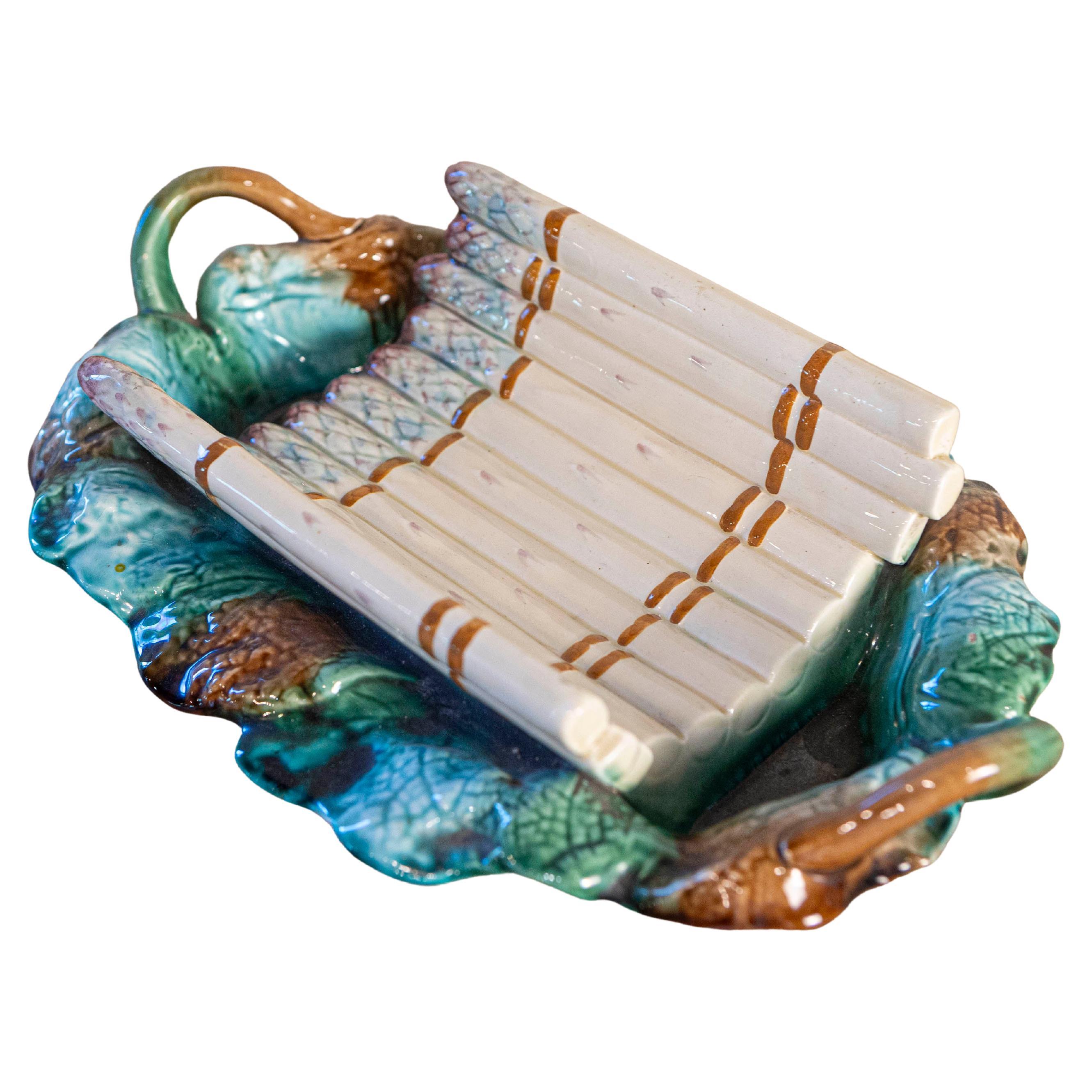 French 19th Century Longchamp Majolica Asparagus Server with Foliage Platter