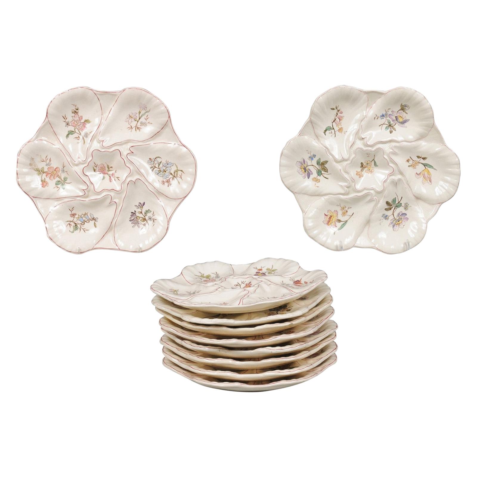 French 19th Century Longchamp Majolica Oyster Plate with Painted Floral Décor  For Sale