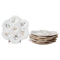 French 19th Century Longchamp Majolica Oyster Plate with Painted Floral Décor