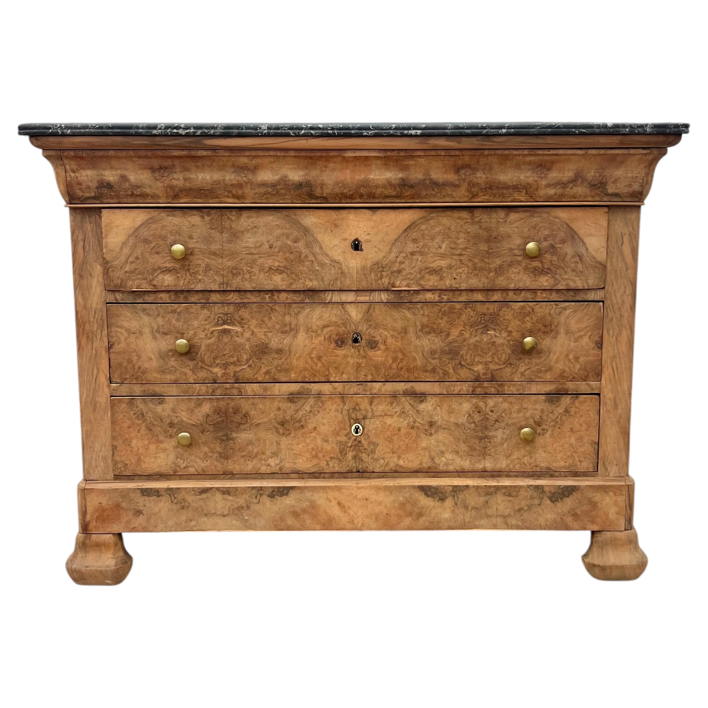 French 19th Century Louis Philippe Bleached Burl Walnut Marble Top Commode For Sale
