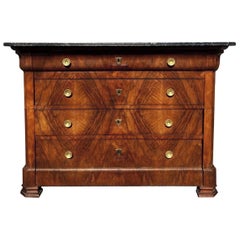 French 19th Century Louis Philippe Burl Walnut Marble Top Chest / Commode
