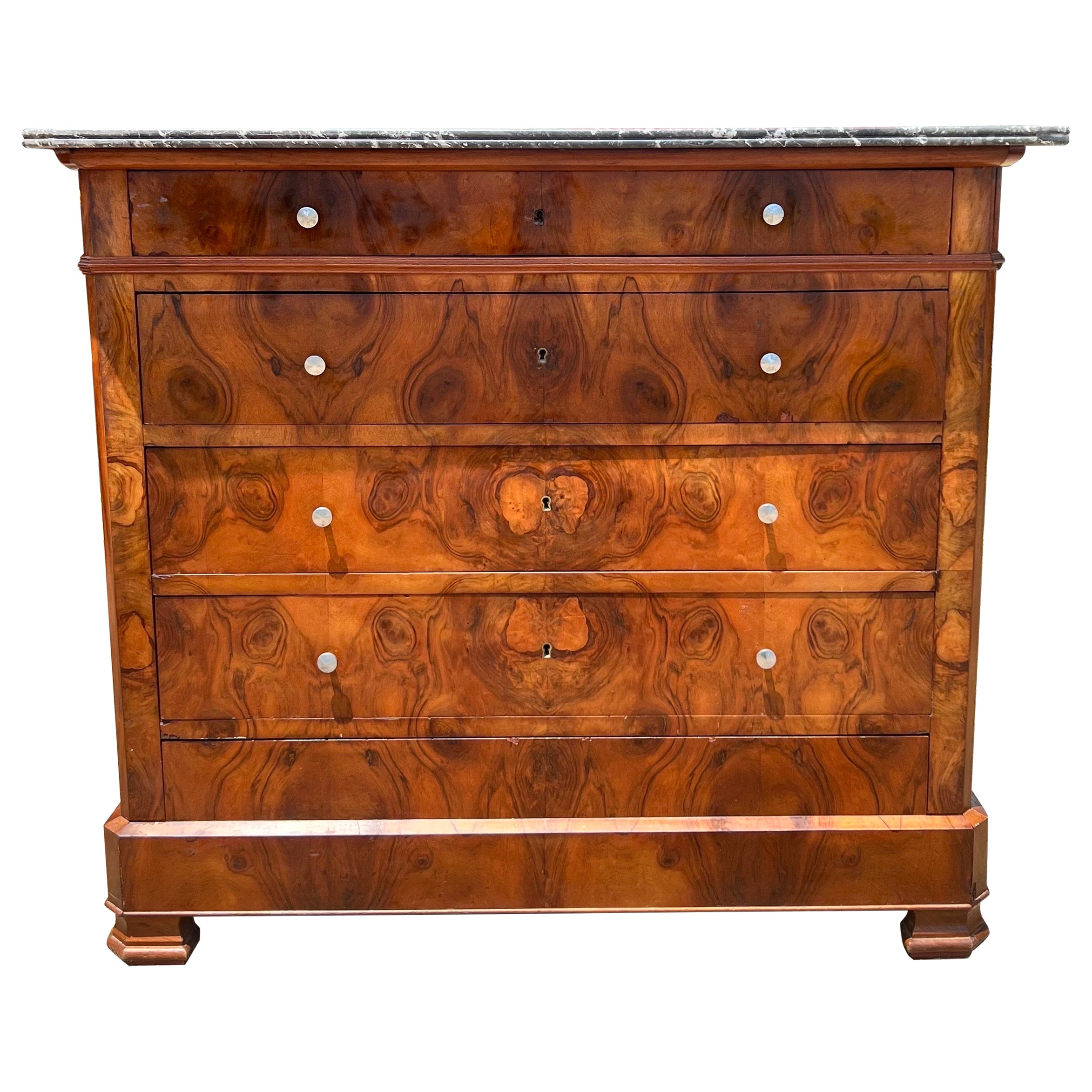 French 19th Century Louis Philippe Burl Walnut Marble Top Chest of Drawers