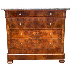French 19th Century Louis Philippe Burl Walnut Marble Top Chest of Drawers