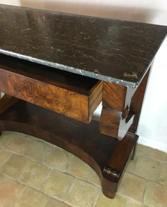 French 19th Century Console Table with Marble Top, Flamed Walnut One Drawer