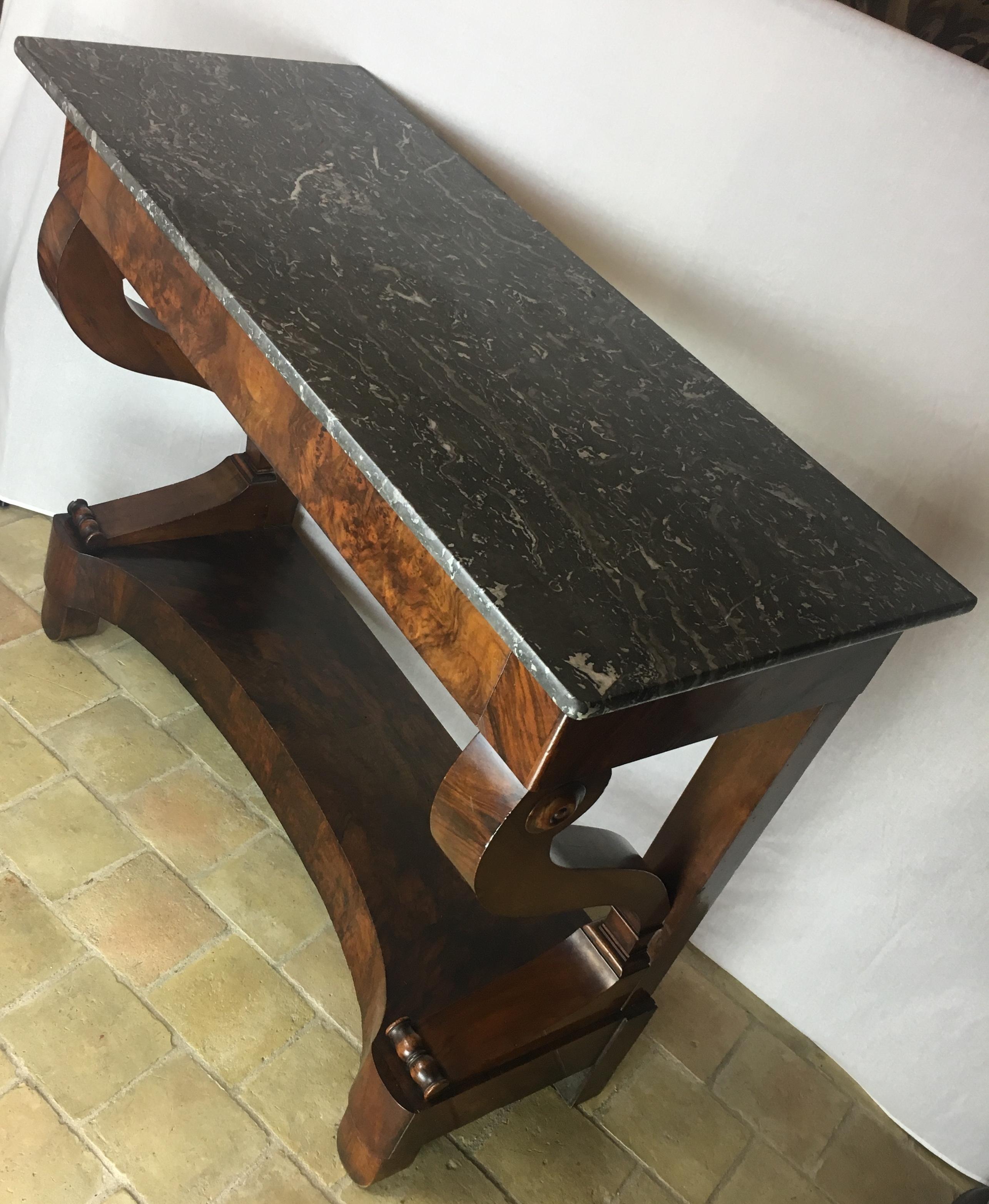 Louis Philippe French 19th Century Console Table with Marble Top, Flamed Walnut One Drawer For Sale