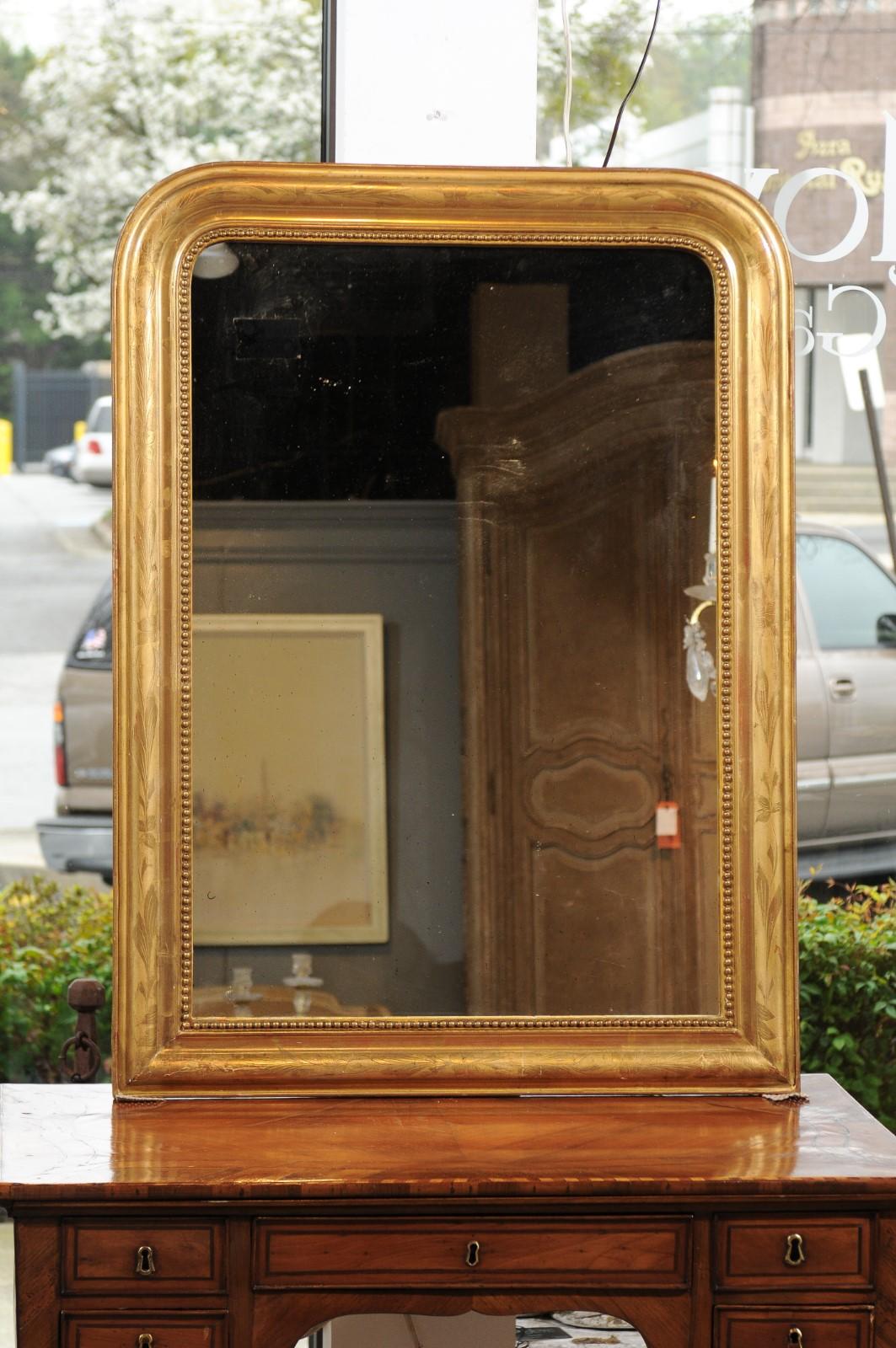 Wood French 19th Century Louis-Philippe Giltwood Mirror with Foliage and Beading
