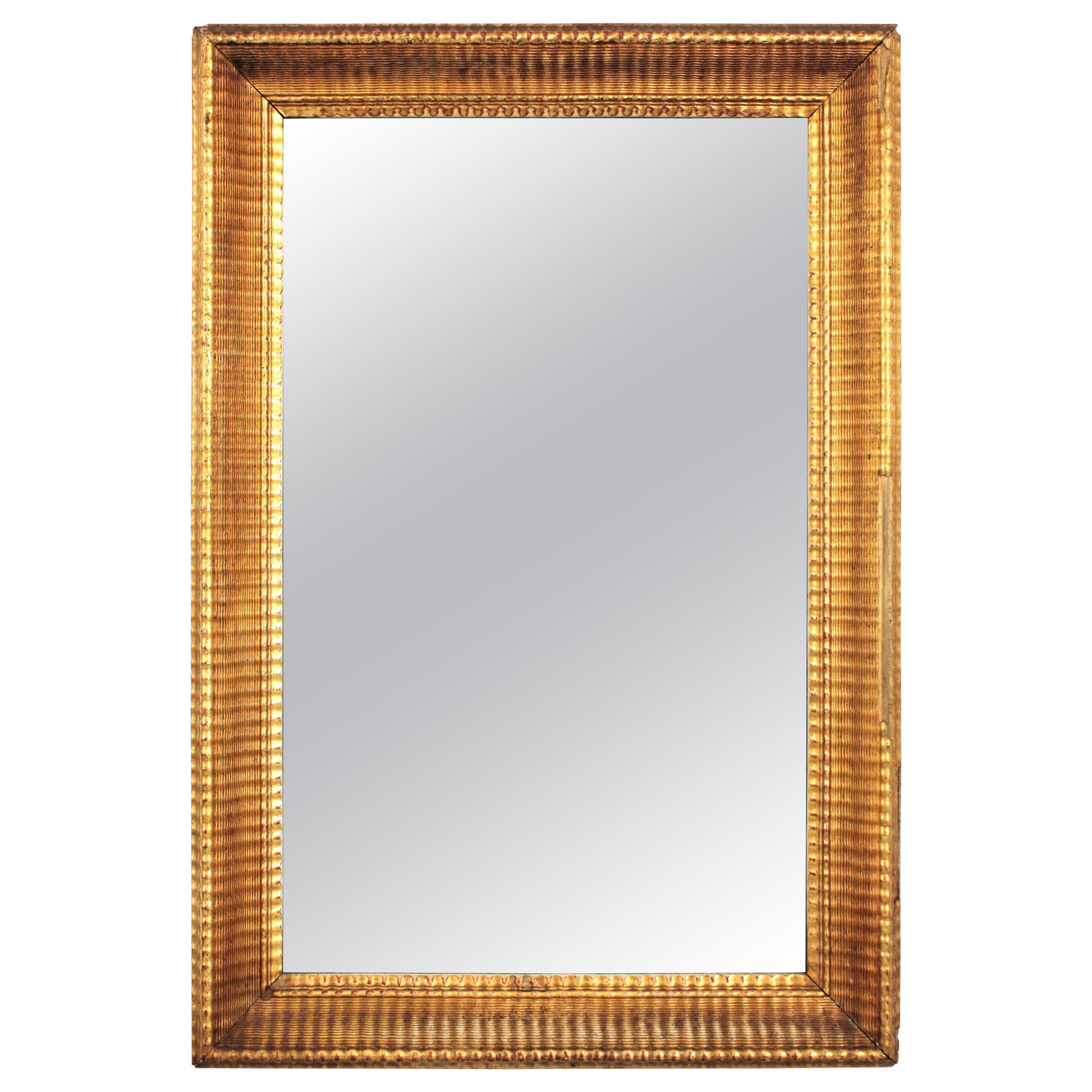 Louis Philippe Rectangular Wall Mirror in Giltwood and Ribbed Carving Frame
