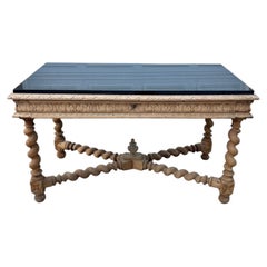 French 19th Century Louis XIII Bleached Solid Oak Marble Top Desk