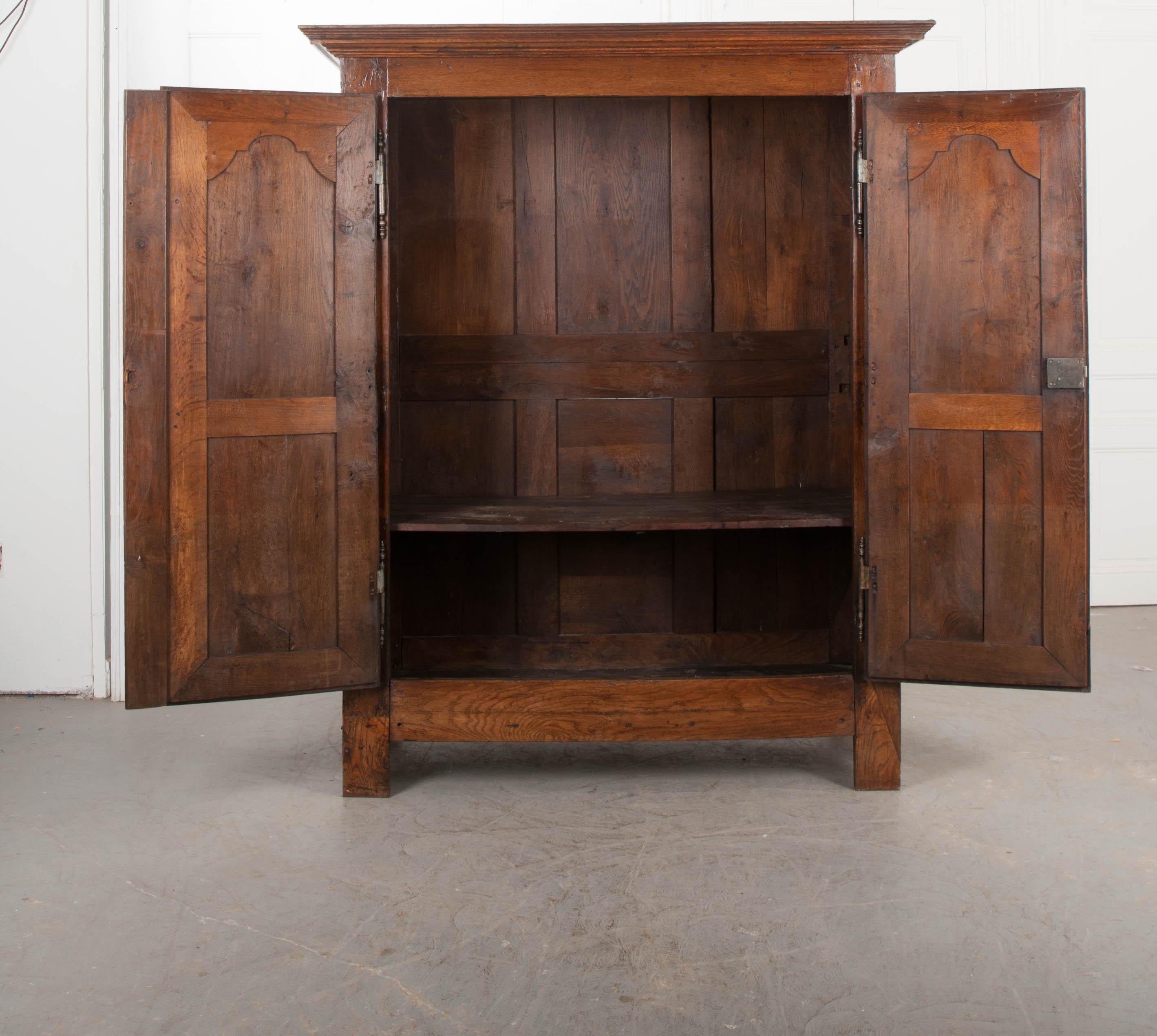 This handsome Louis XIII-style armoire, circa 1820, is from France and features boldly-carved and beautifully grained oak with a deep and rich finish. The deeply-paneled doors bear hand-wrought steel barrel hinges and a single escutcheon, and open