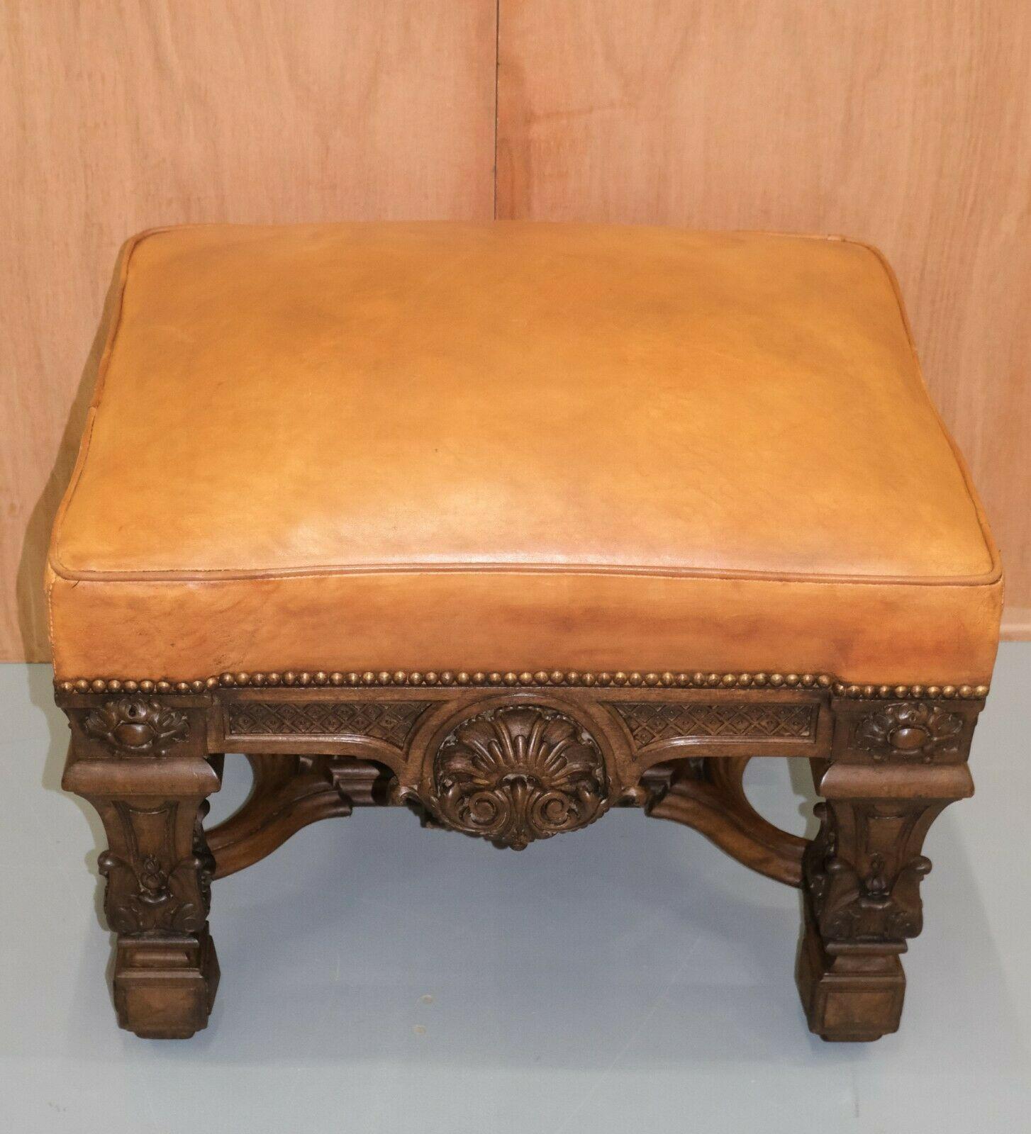 French 19th Century Louis XIV Carved Oak Leather Armchair with Matching Stool 7