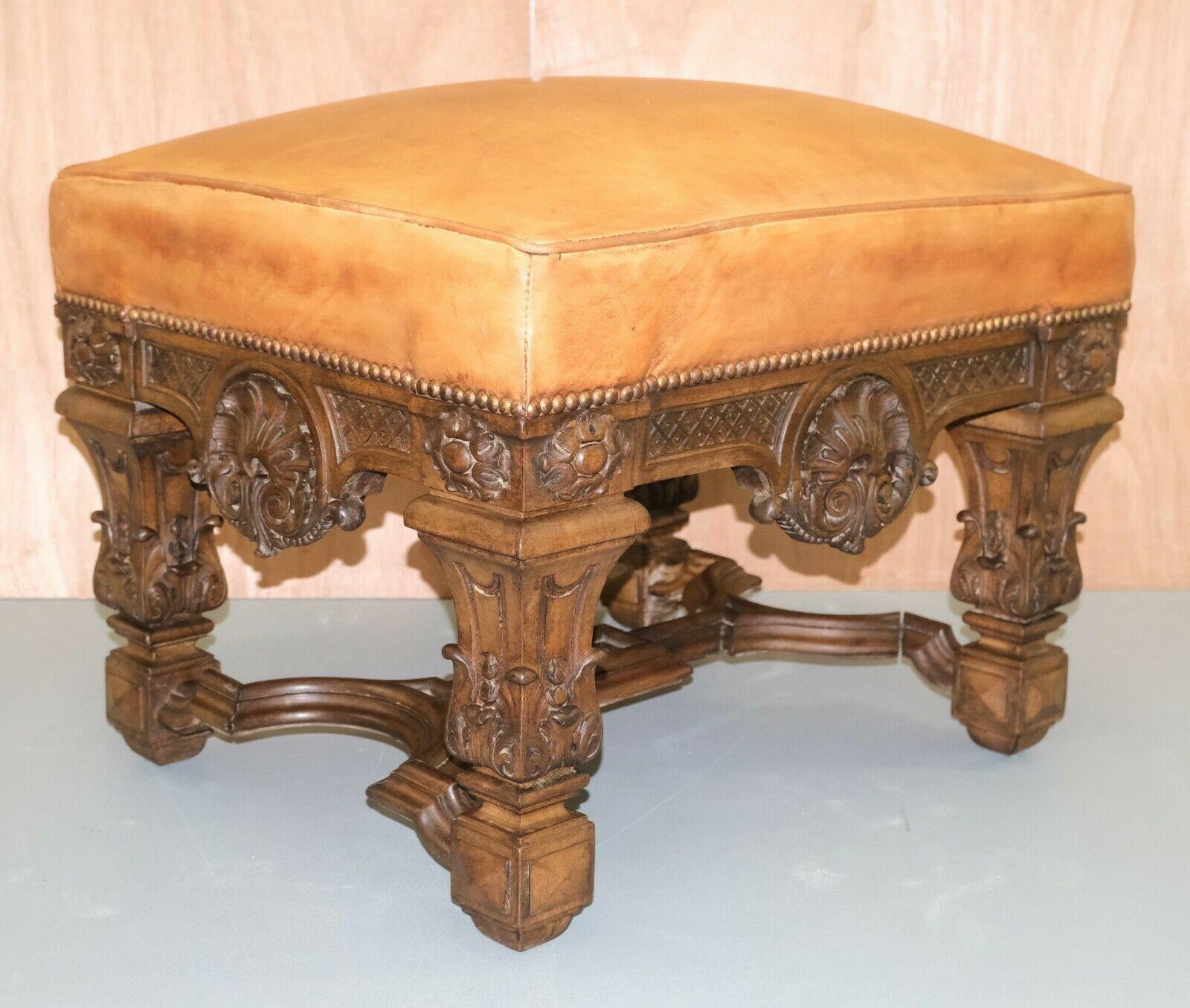 French 19th Century Louis XIV Carved Oak Leather Armchair with Matching Stool 9