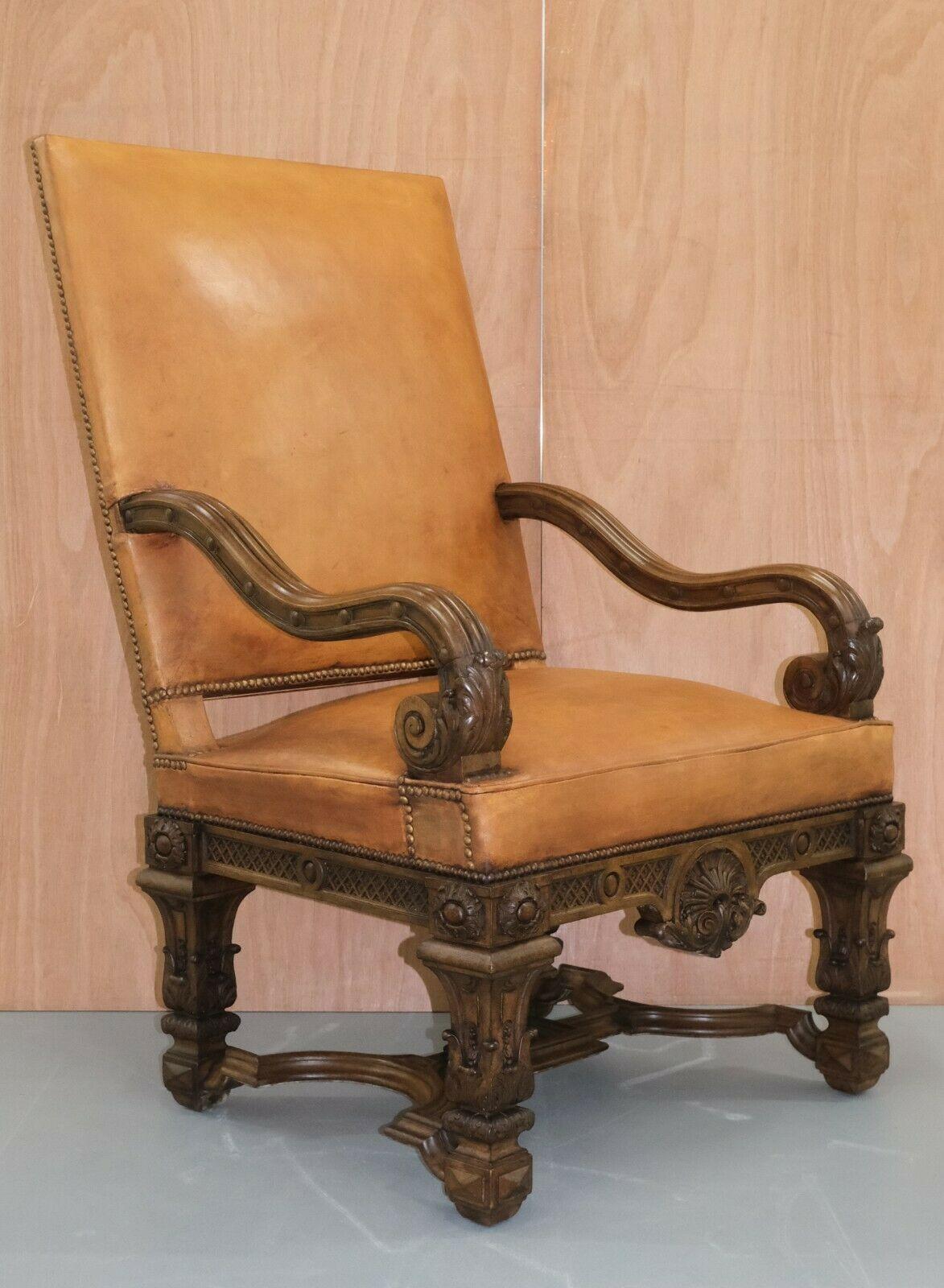 French 19th Century Louis XIV Carved Oak Leather Armchair with Matching Stool 1