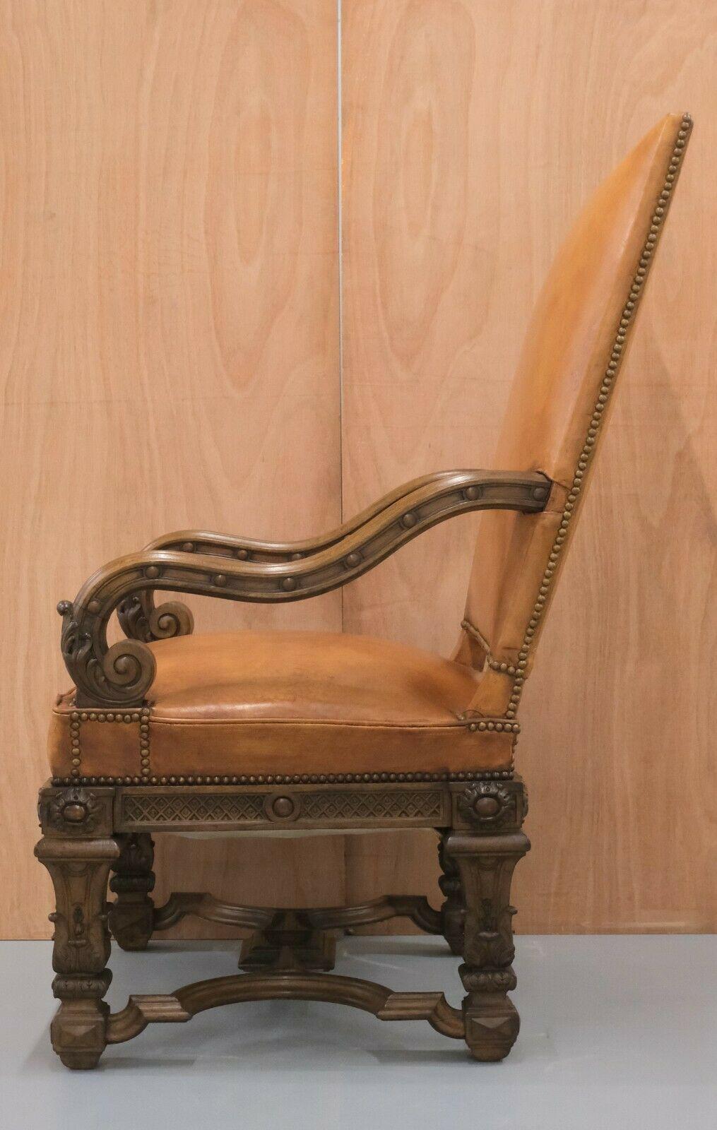 French 19th Century Louis XIV Carved Oak Leather Armchair with Matching Stool 4