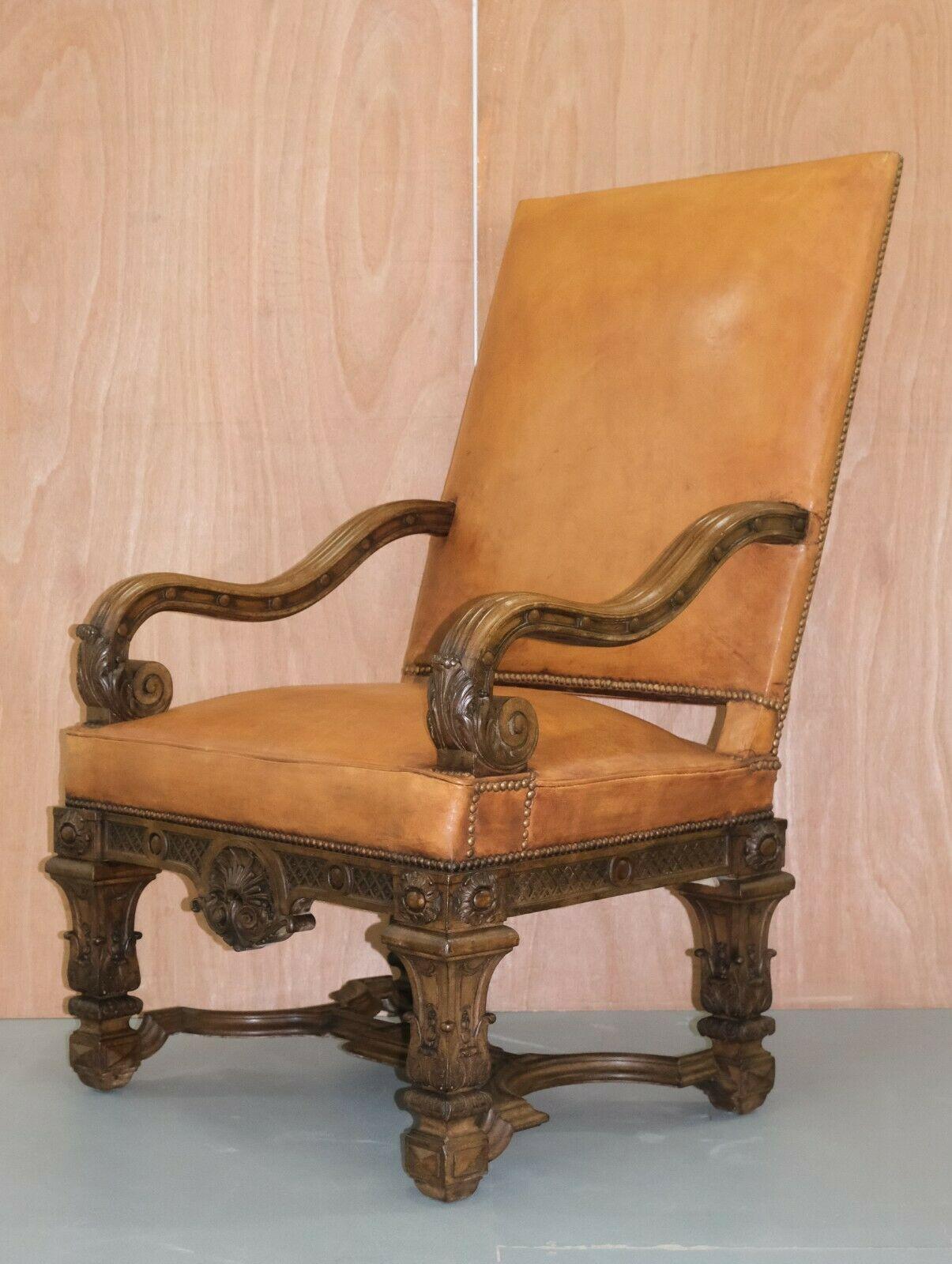 French 19th Century Louis XIV Carved Oak Leather Armchair with Matching Stool 5