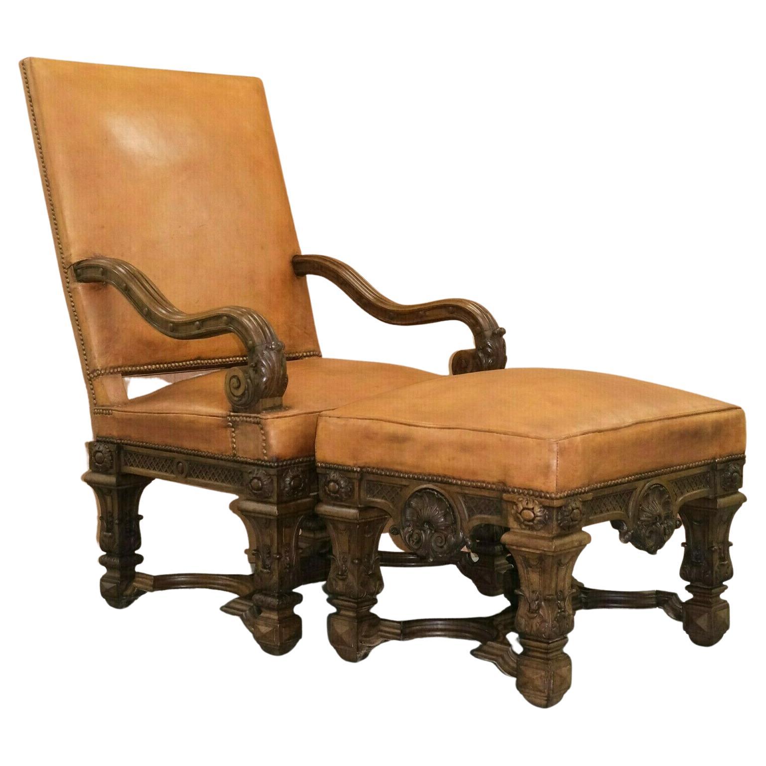 French 19th Century Louis XIV Carved Oak Leather Armchair with Matching Stool