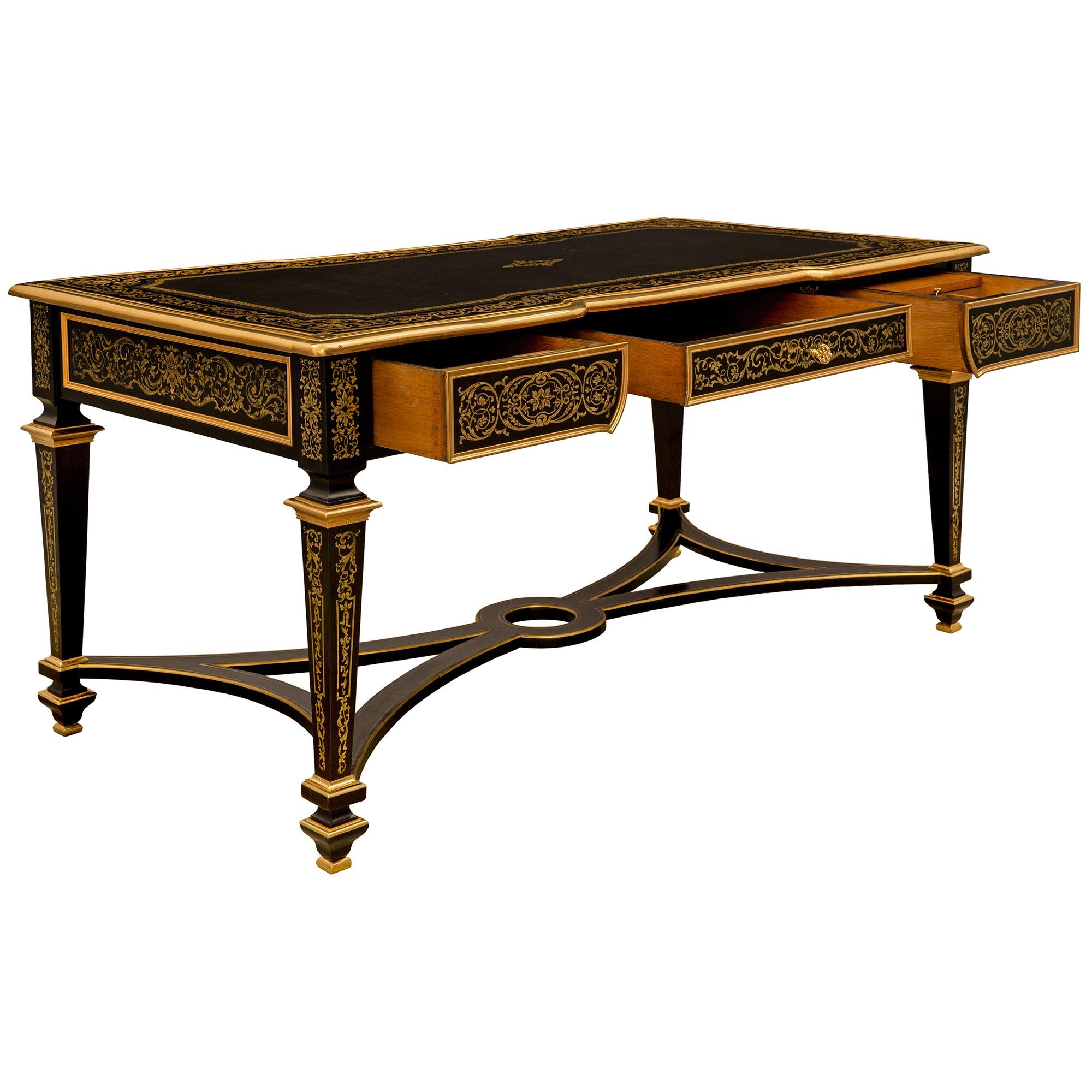 French 19th Century Louis XIV St. Ebony, Brass And Ormolu Boulle Desk In Good Condition For Sale In West Palm Beach, FL