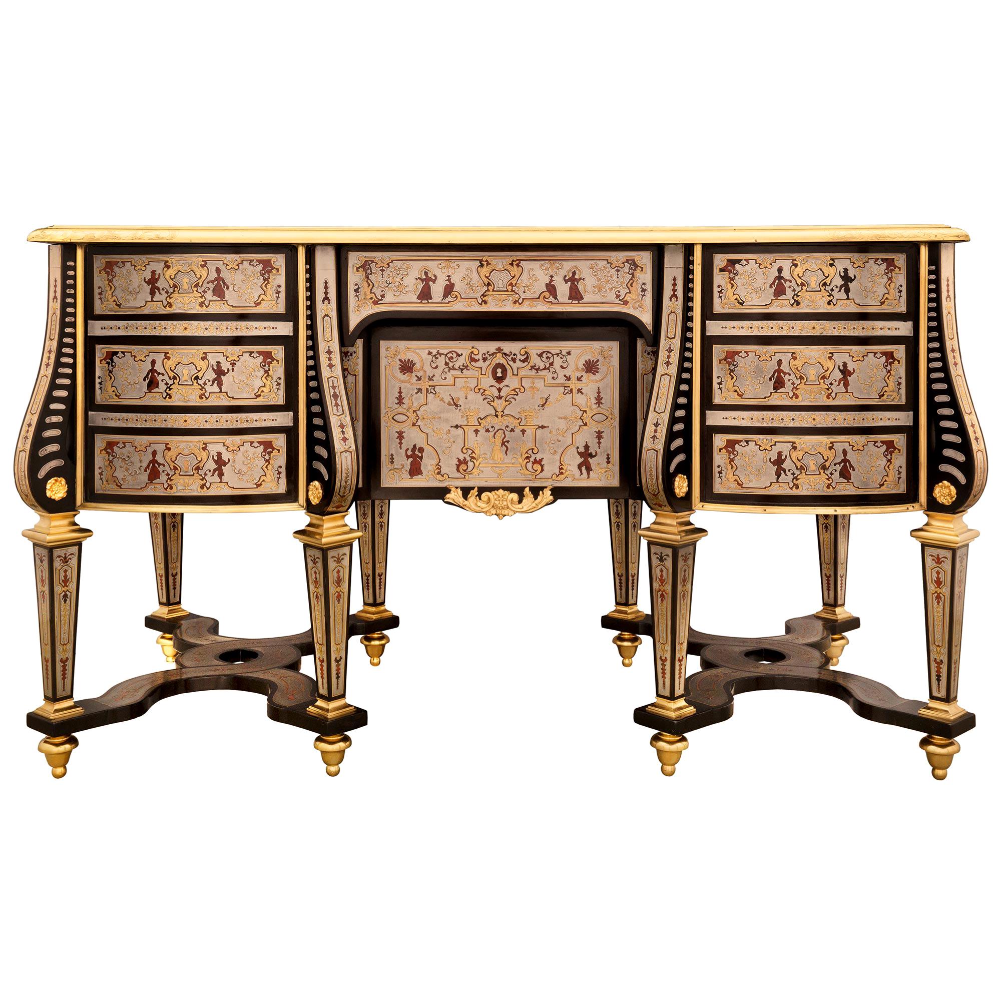 French 19th Century Louis XIV St. Ebony, Ormolu, Pewter and Tortoiseshell Desk For Sale