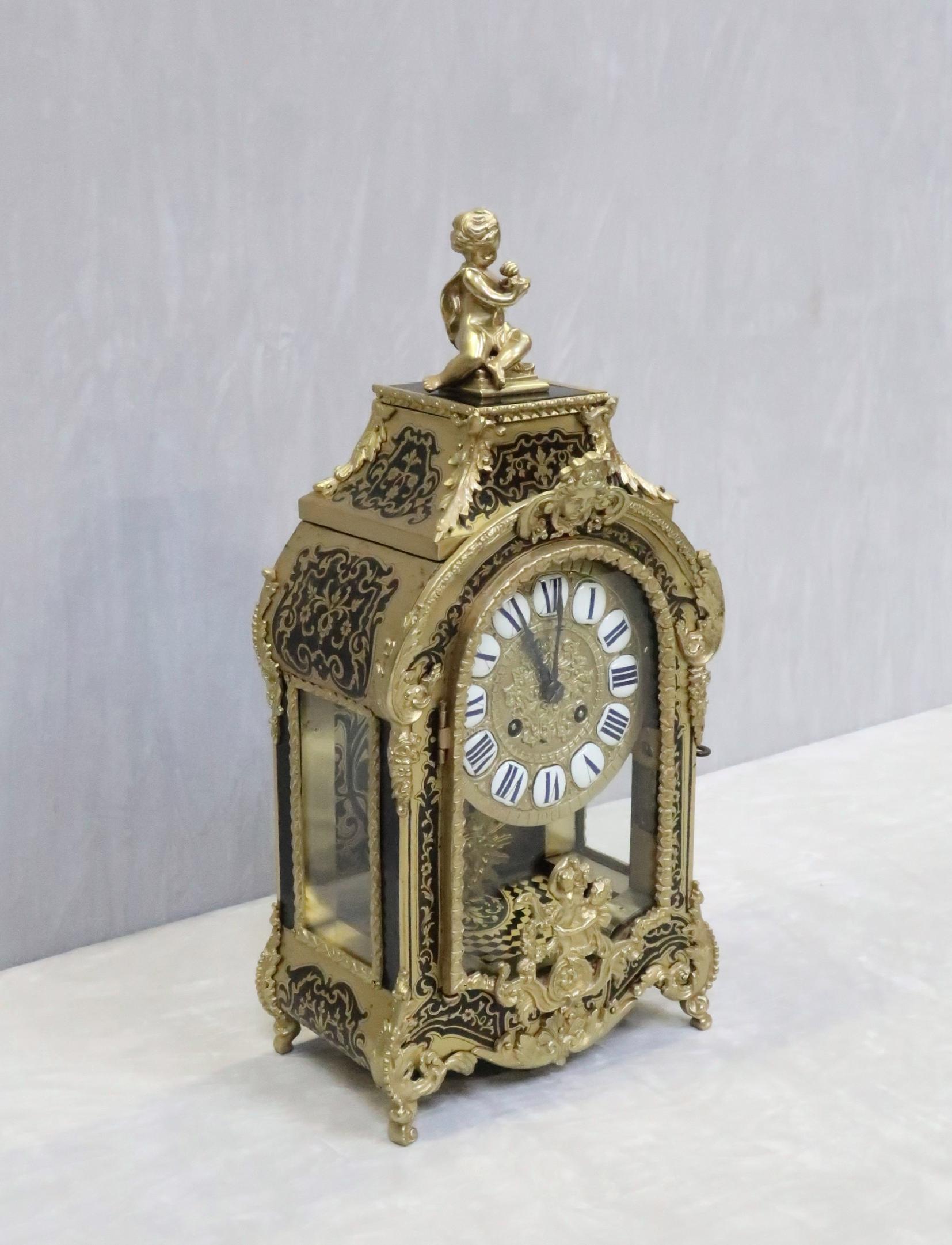 Brass French 19th Century Louis XIV Style Boulle Mantel Clock with Bronze Gilt Mounts