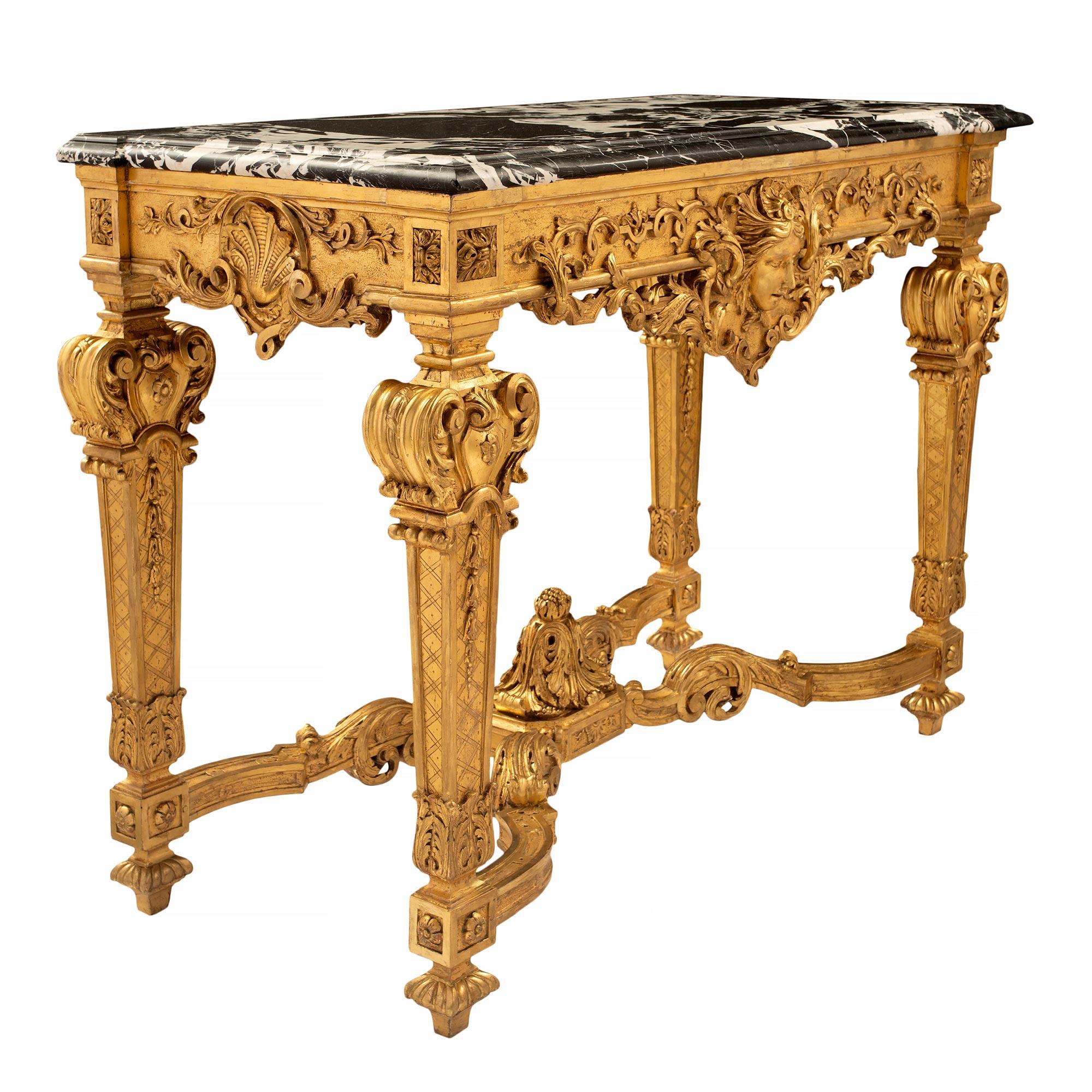 Français Console française du 19ème siècle de style Louis XIV en bois doré et marbre ancien en vente
