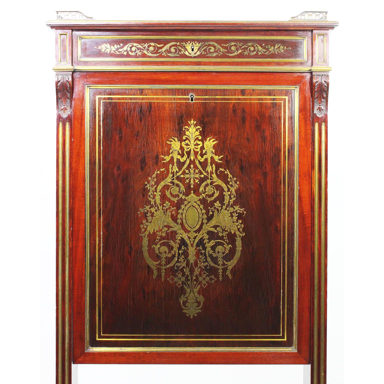 French 19th Century Louis XIV Style Mahogany & Brass Inlay Secretary Boulle Desk In Fair Condition For Sale In Los Angeles, CA