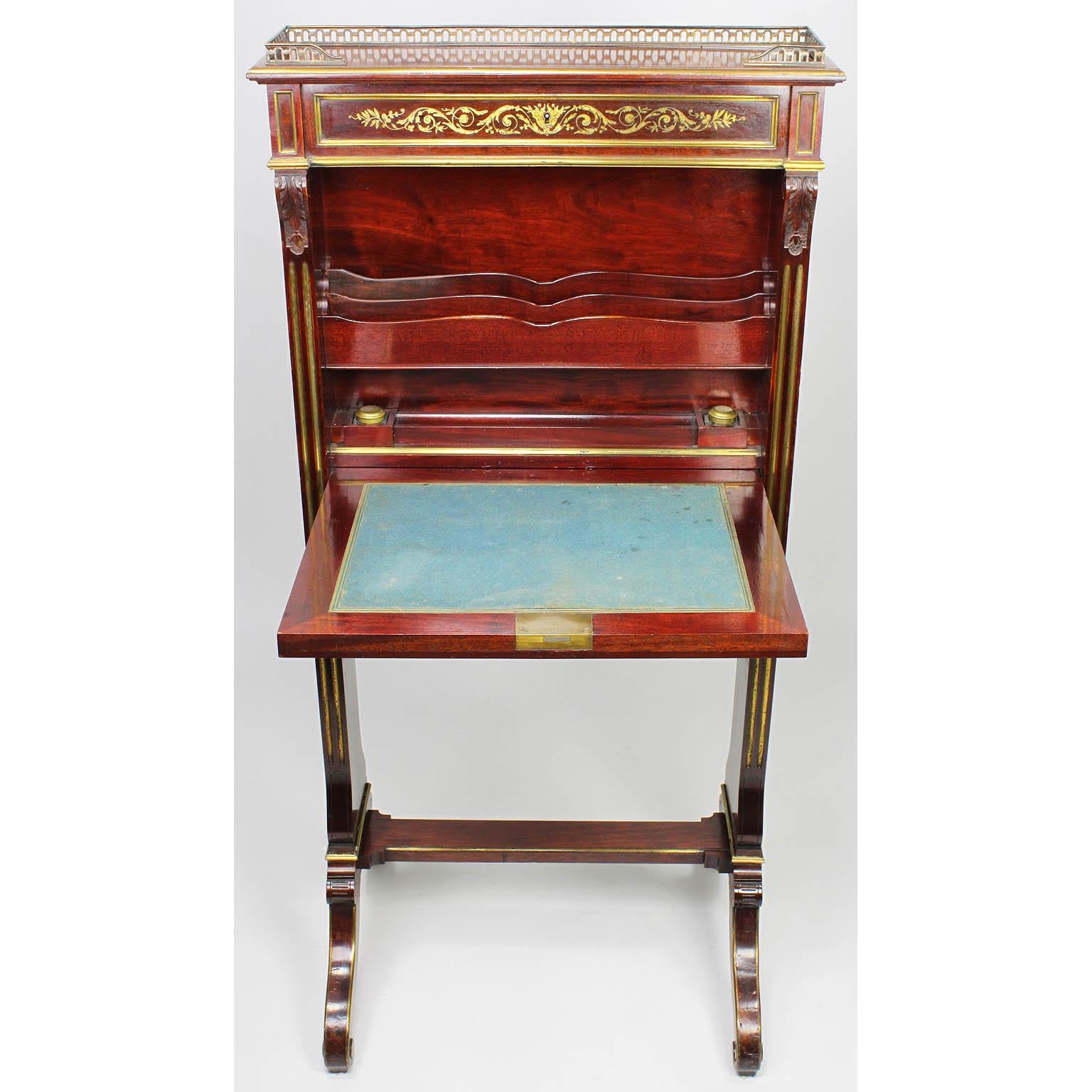 French 19th Century Louis XIV Style Mahogany & Brass Inlay Secretary Boulle Desk For Sale 2