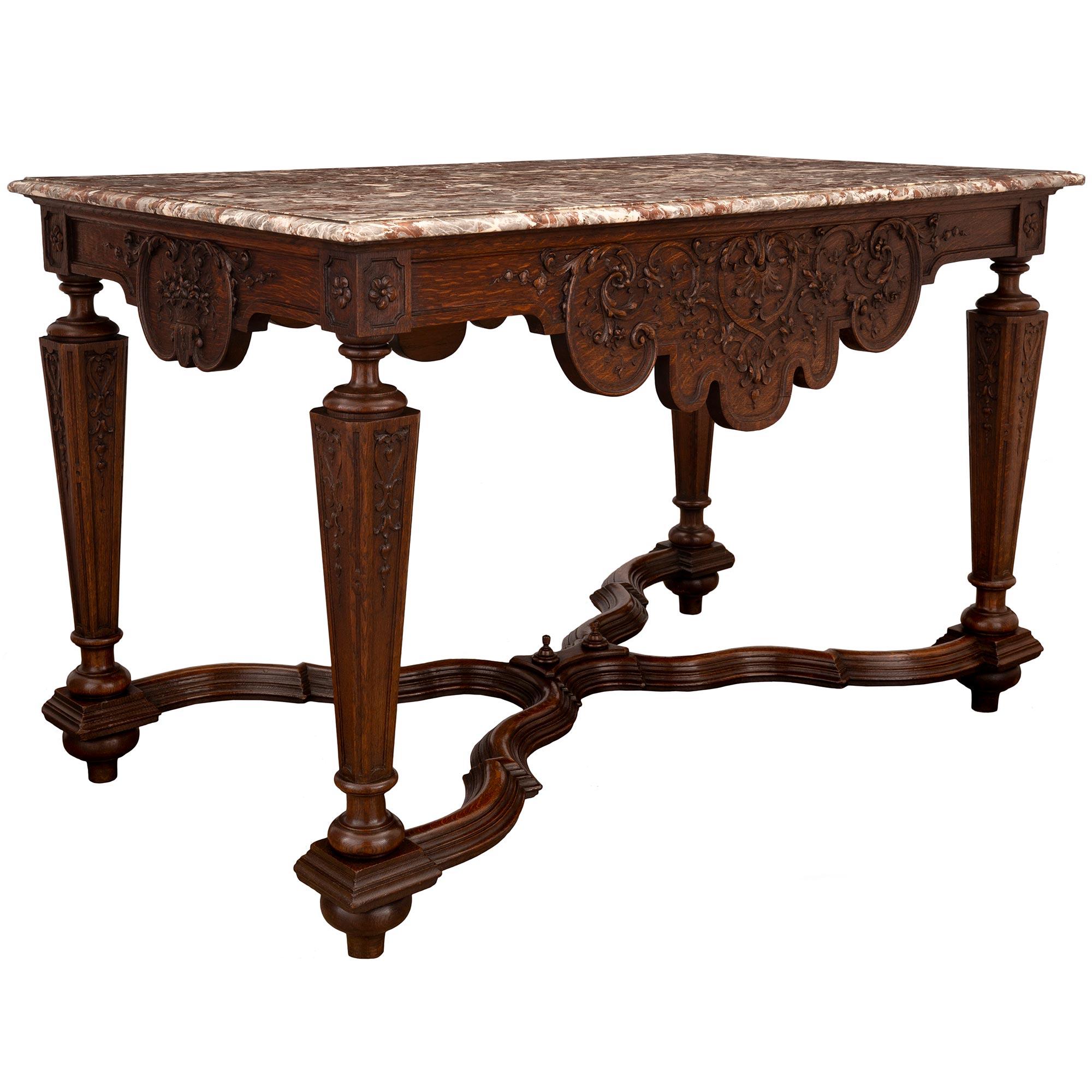 French 19th Century Louis XIV Style Oak and Sarrancolin Marble Center Table In Good Condition For Sale In West Palm Beach, FL