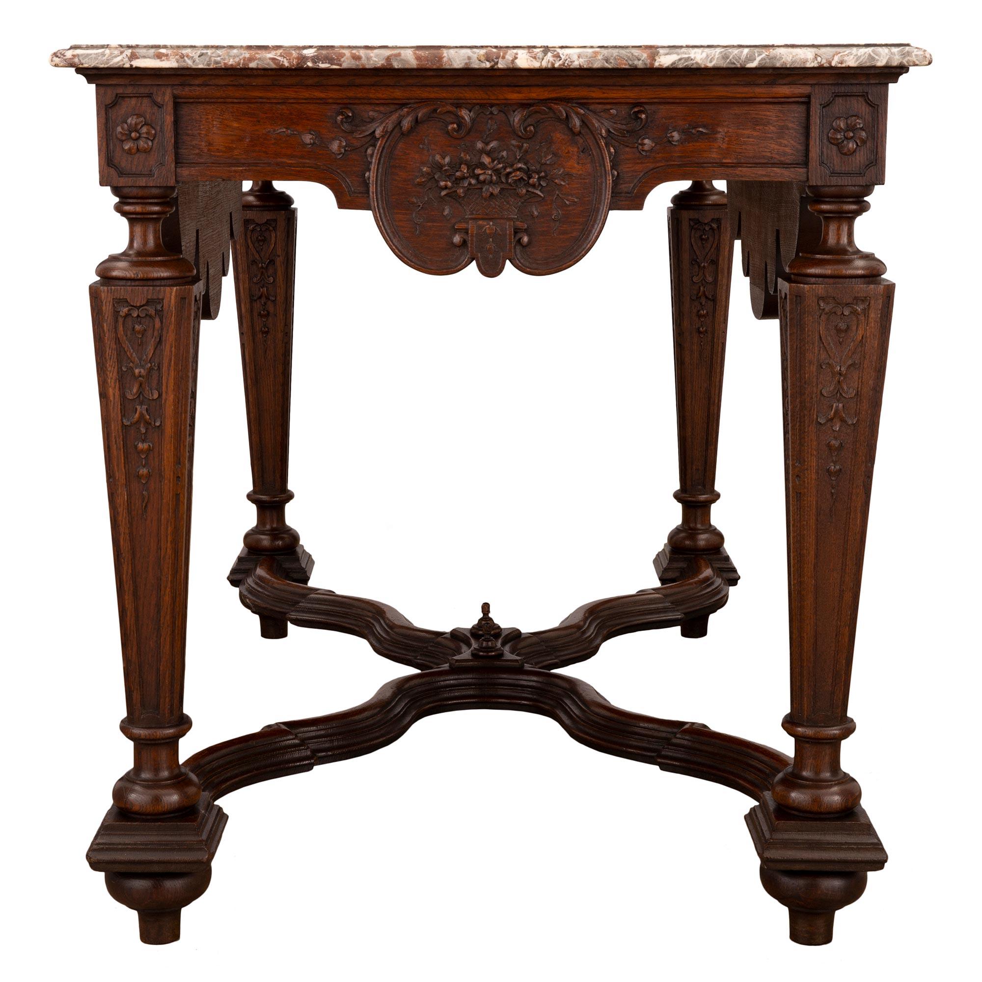 French 19th Century Louis XIV Style Oak and Sarrancolin Marble Center Table For Sale 1