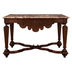 French 19th Century Louis XIV Style Oak and Sarrancolin Marble Center Table