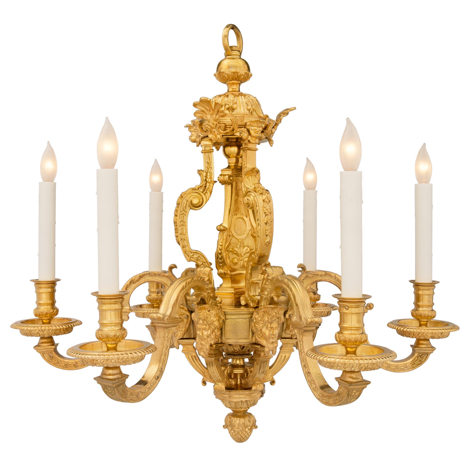 French 19th Century Louis XIV Style Ormolu Six-Arm Chandelier In Good Condition For Sale In West Palm Beach, FL