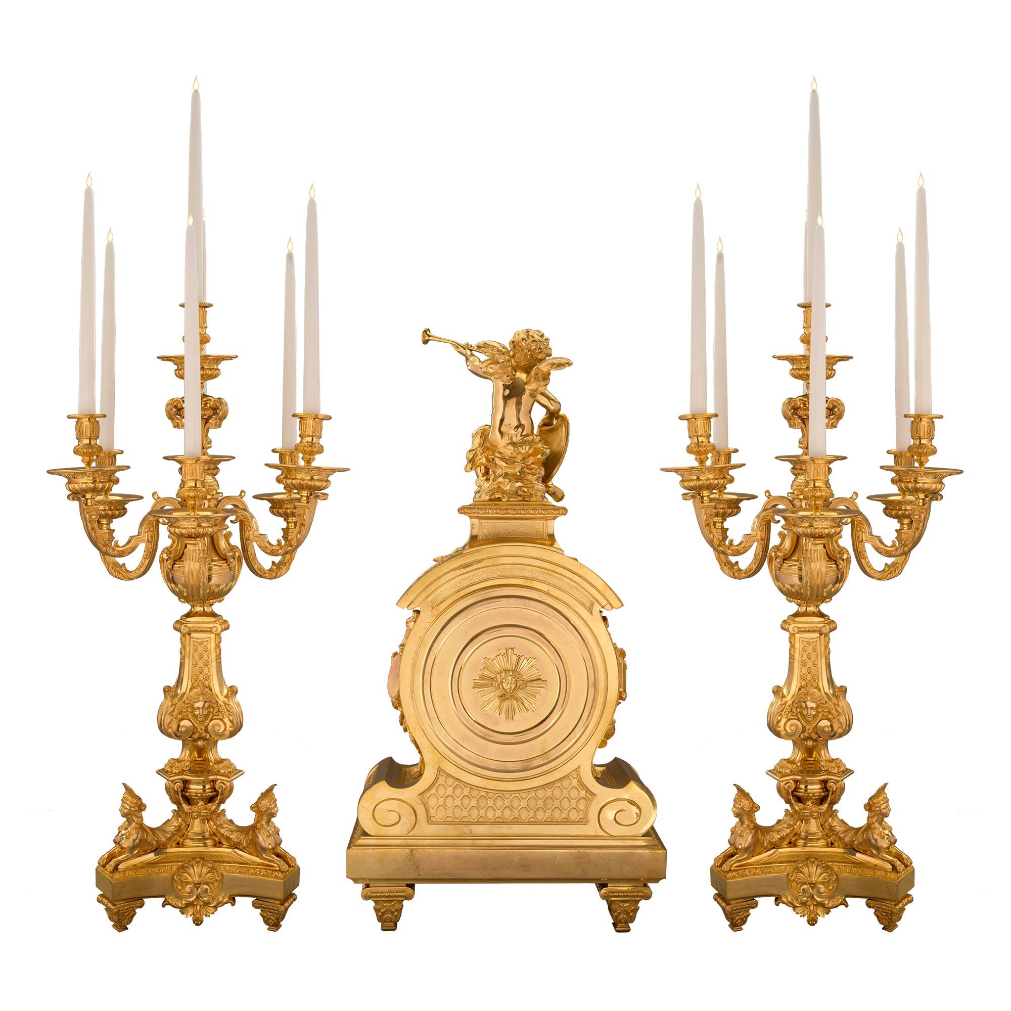 French 19th Century Louis XIV Style Ormolu Three-Piece Garniture Set For Sale 14