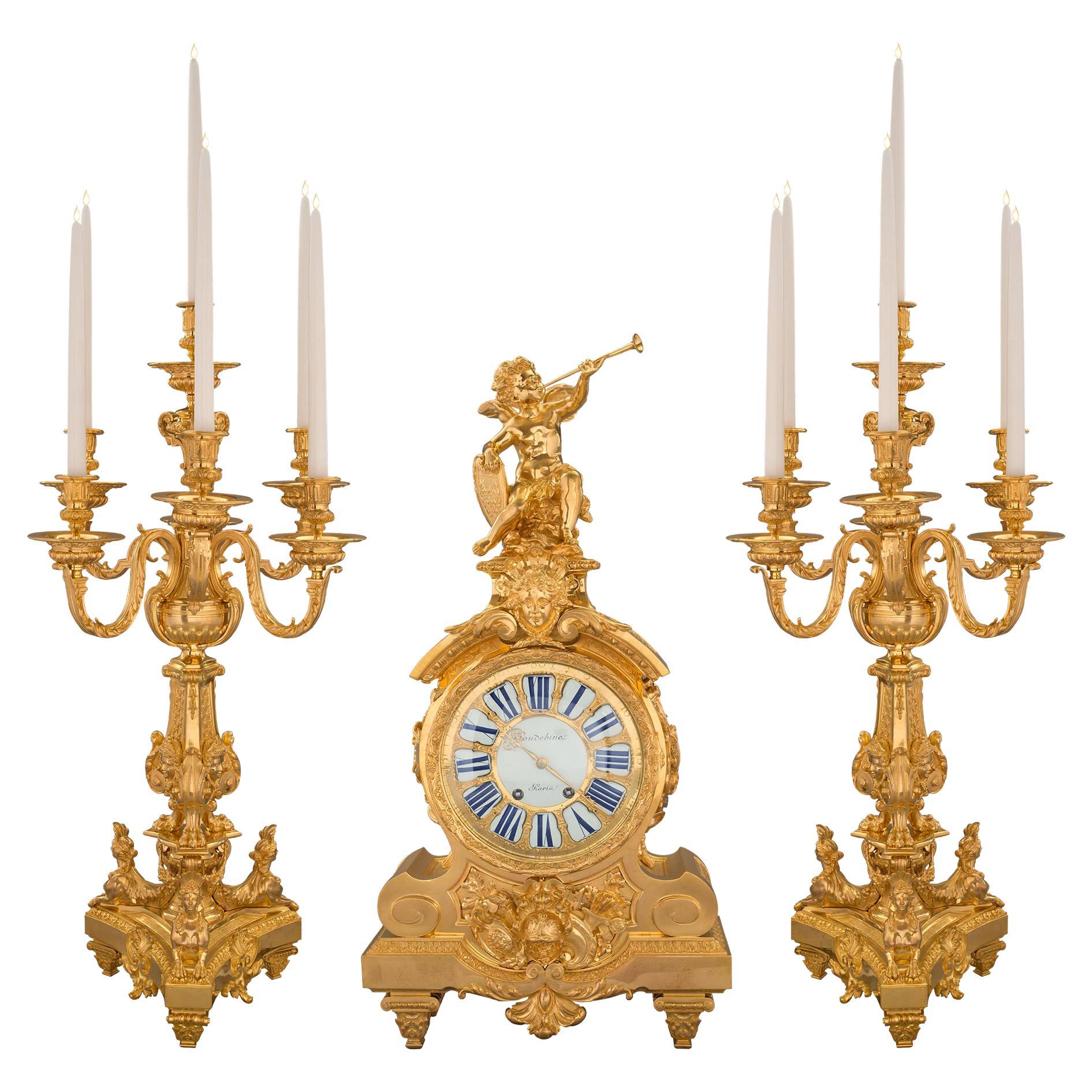 French 19th Century Louis XIV Style Ormolu Three-Piece Garniture Set