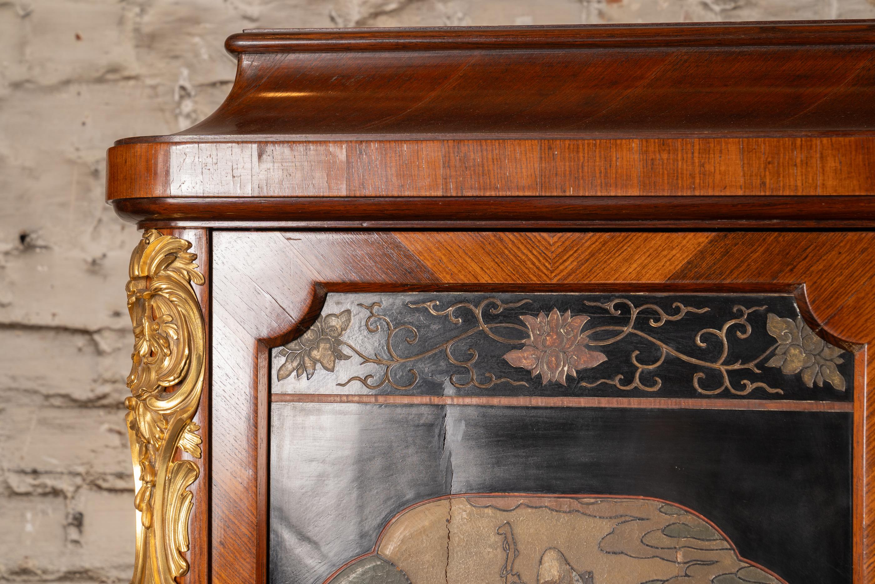 Hand-Carved French 19th Century Louis XV Cabinet with Bronze Mounts and Coromandel Panels For Sale