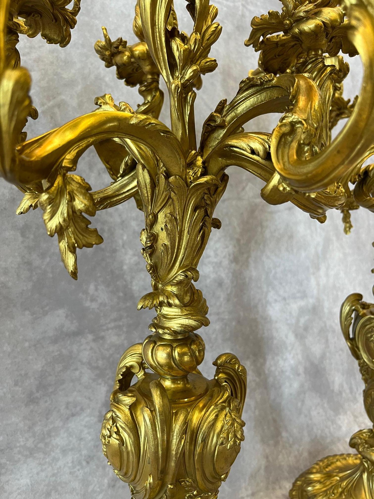 Stunning pair of French 19th Century ormolu Louis XV Candelabras, signed Germain (Jean Baptiste Germain 1843-1909 French sculptor)
Each uniquely designed five arm candelabra, unique and elegantly scrolled designs with large acanthus leaves and