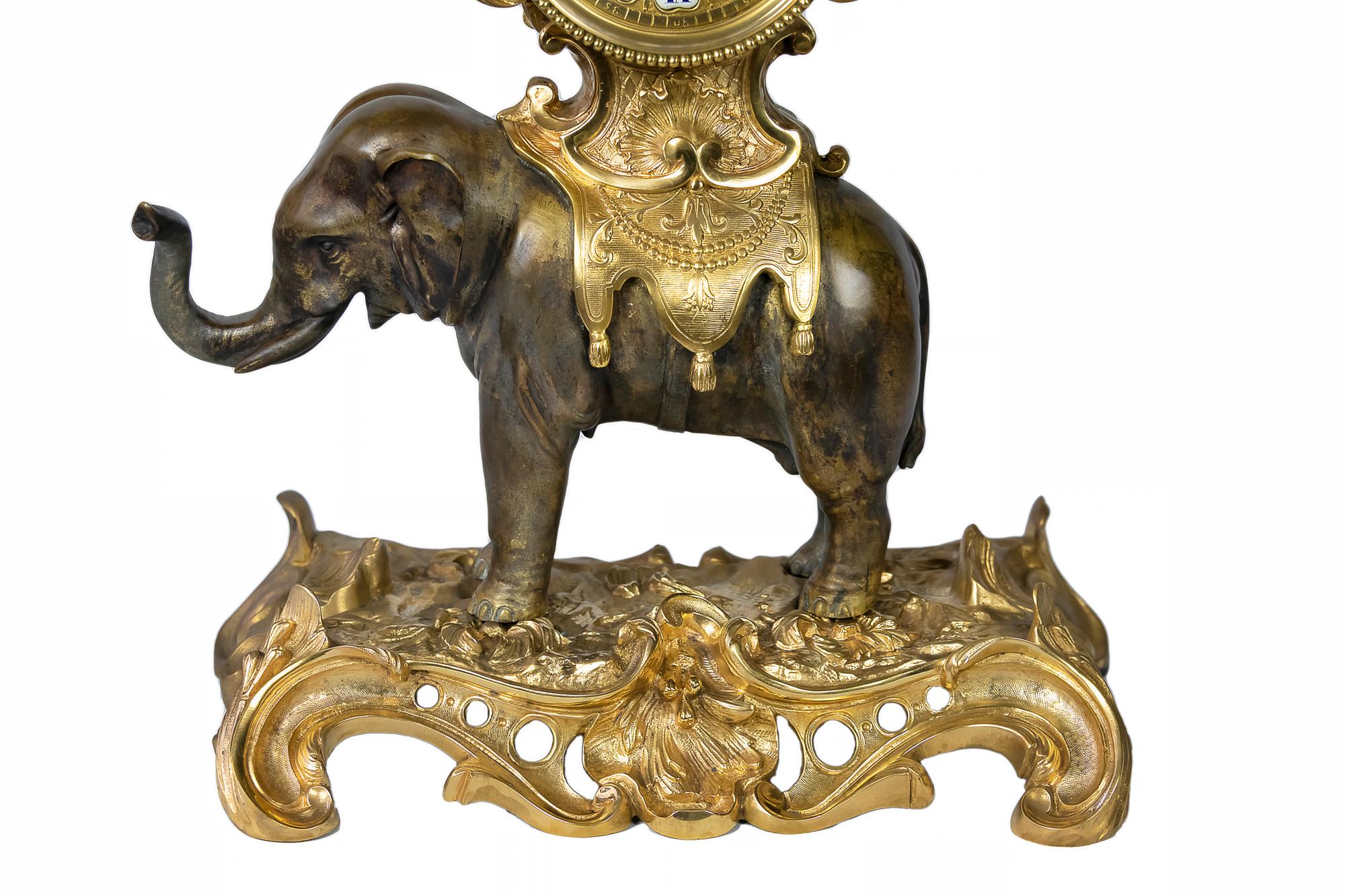 Enamel French 19th Century Louis XV Gilded Bronze Elephant Mantel Clock For Sale