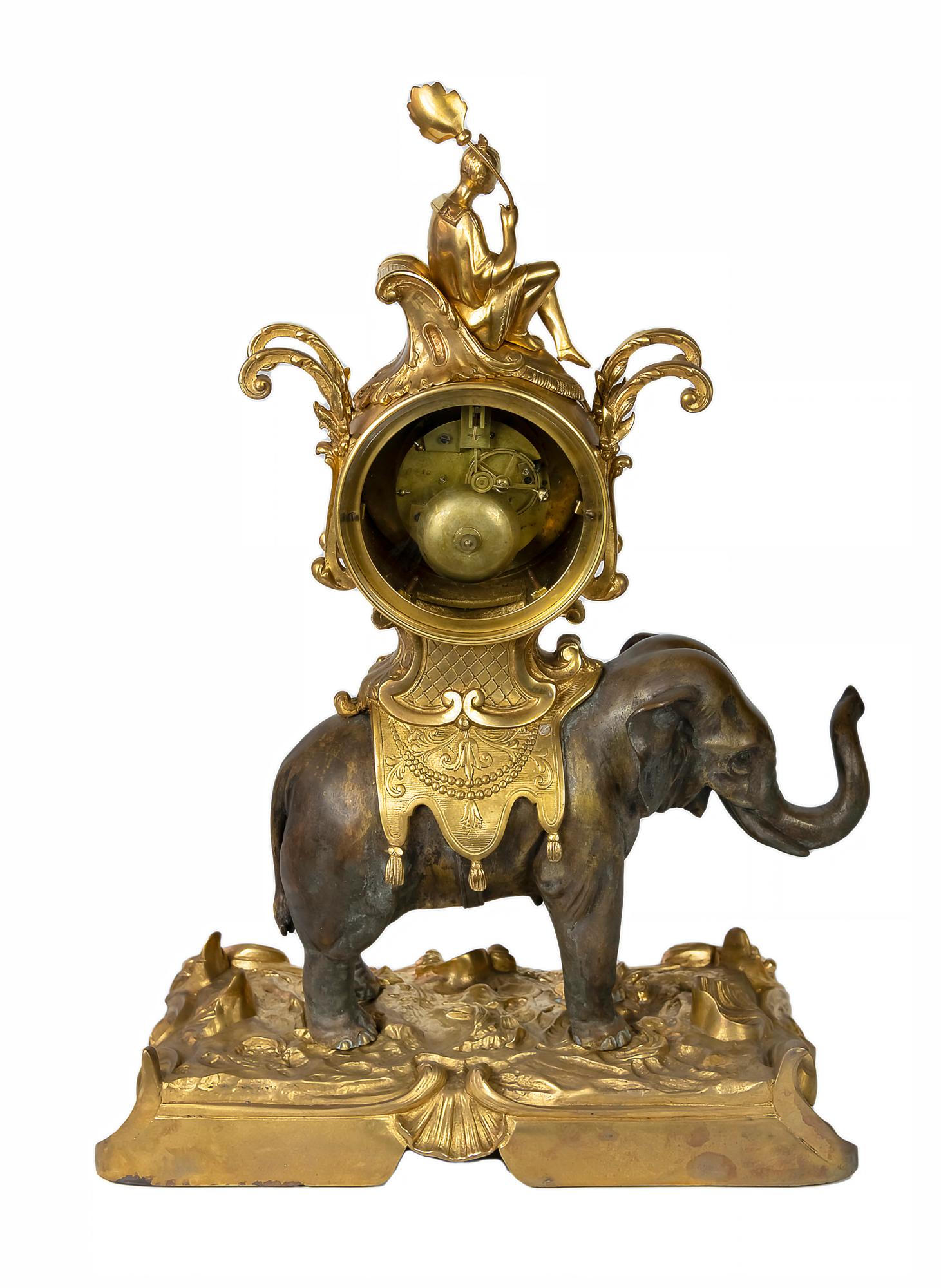 French 19th Century Louis XV Gilded Bronze Elephant Mantel Clock For Sale 1