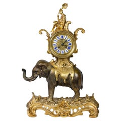 French 19th Century Louis XV Gilded Bronze Elephant Mantel Clock