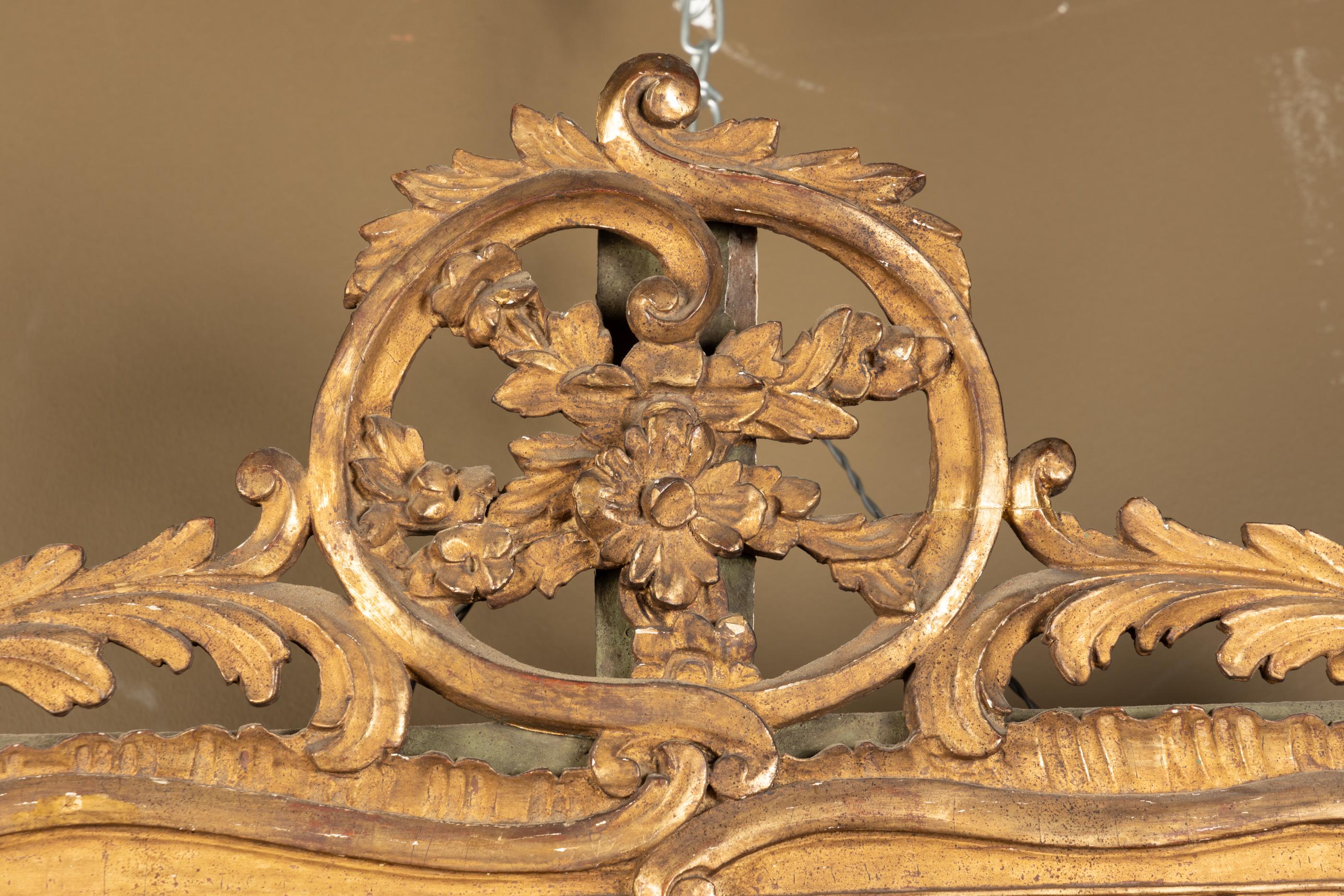 French 19th Century Louis XV Gold Leaf Mirror, Olive Green Background For Sale 1