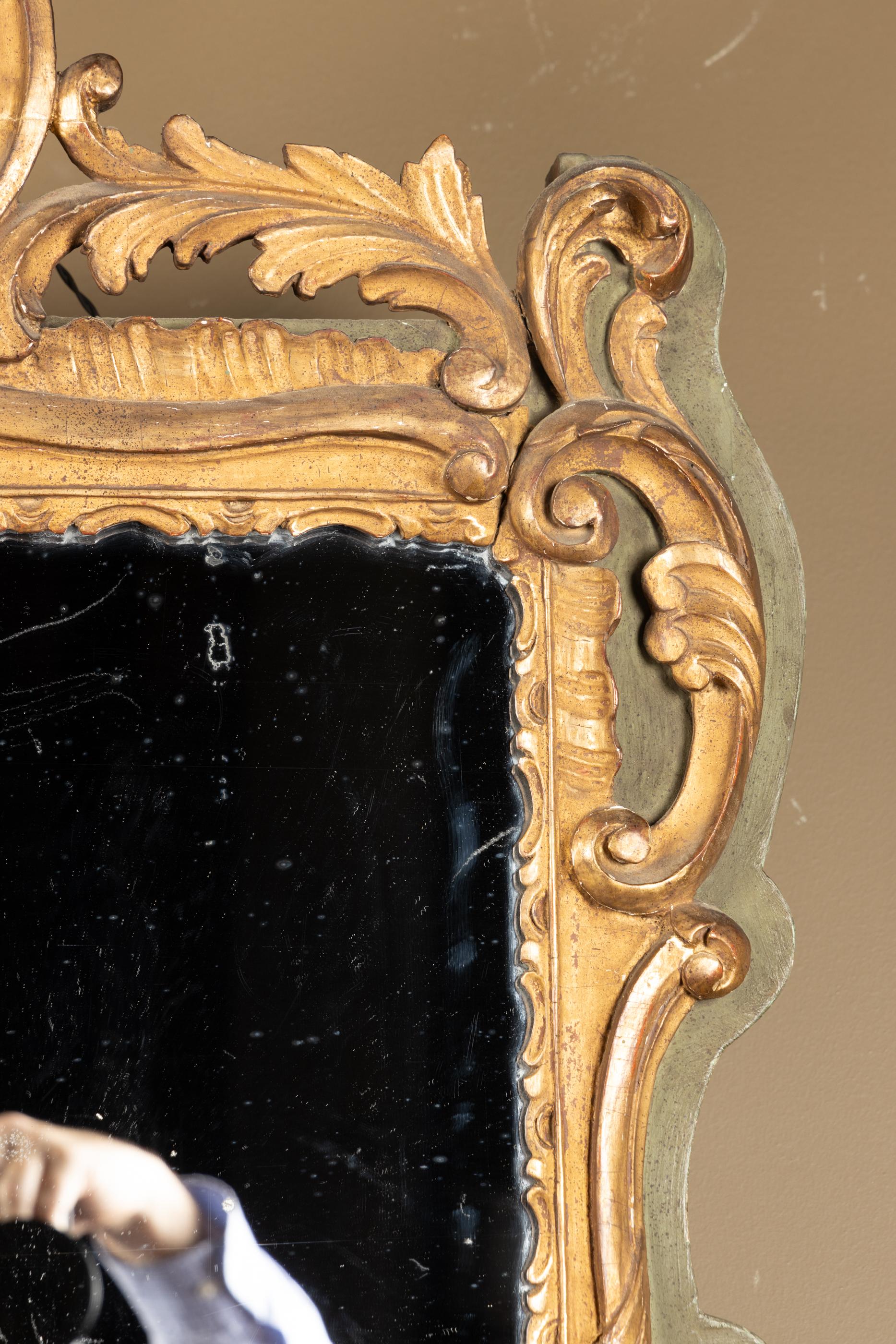 French 19th Century Louis XV Gold Leaf Mirror, Olive Green Background For Sale 2