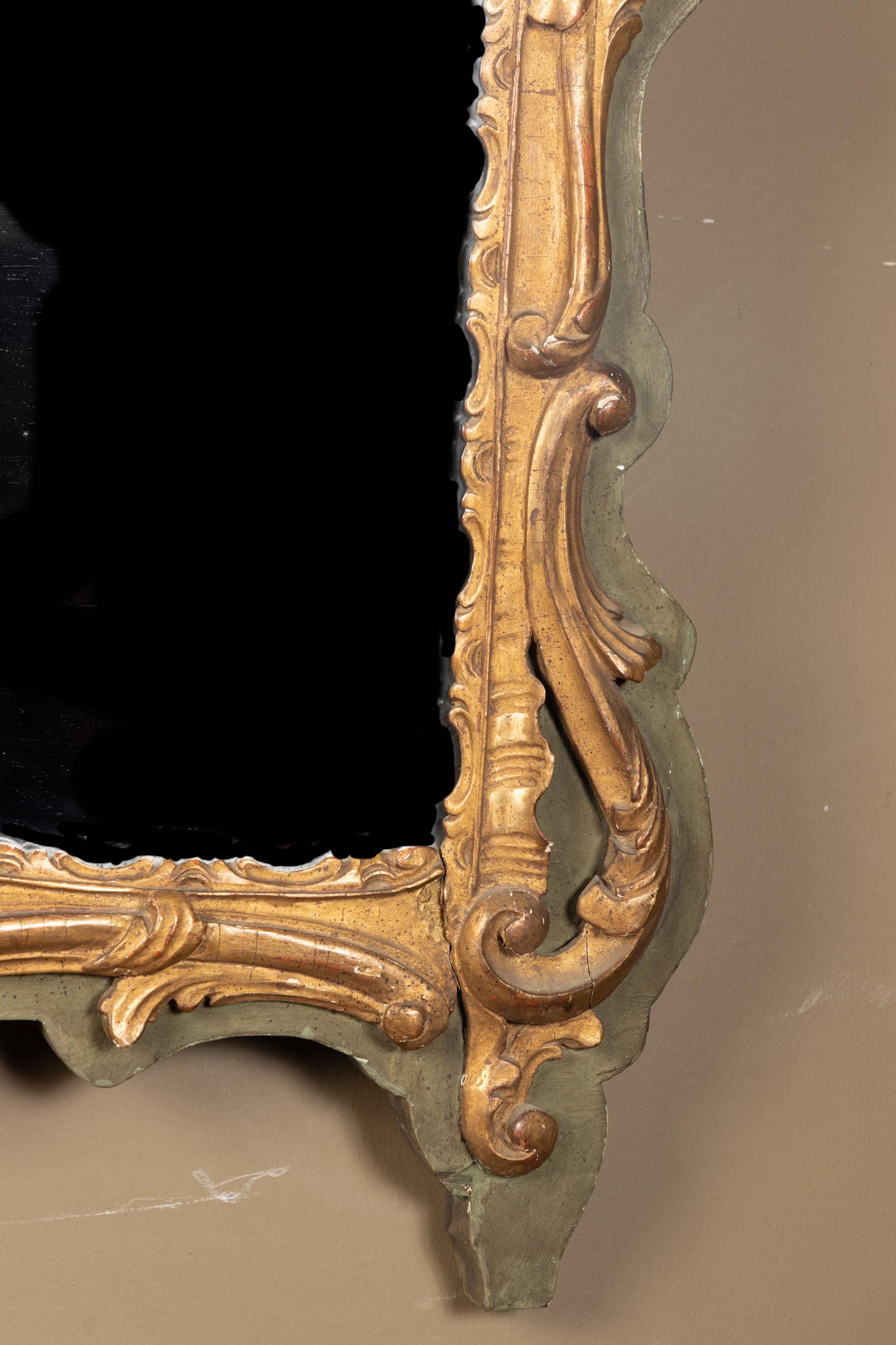 French 19th Century Louis XV Gold Leaf Mirror, Olive Green Background For Sale 3