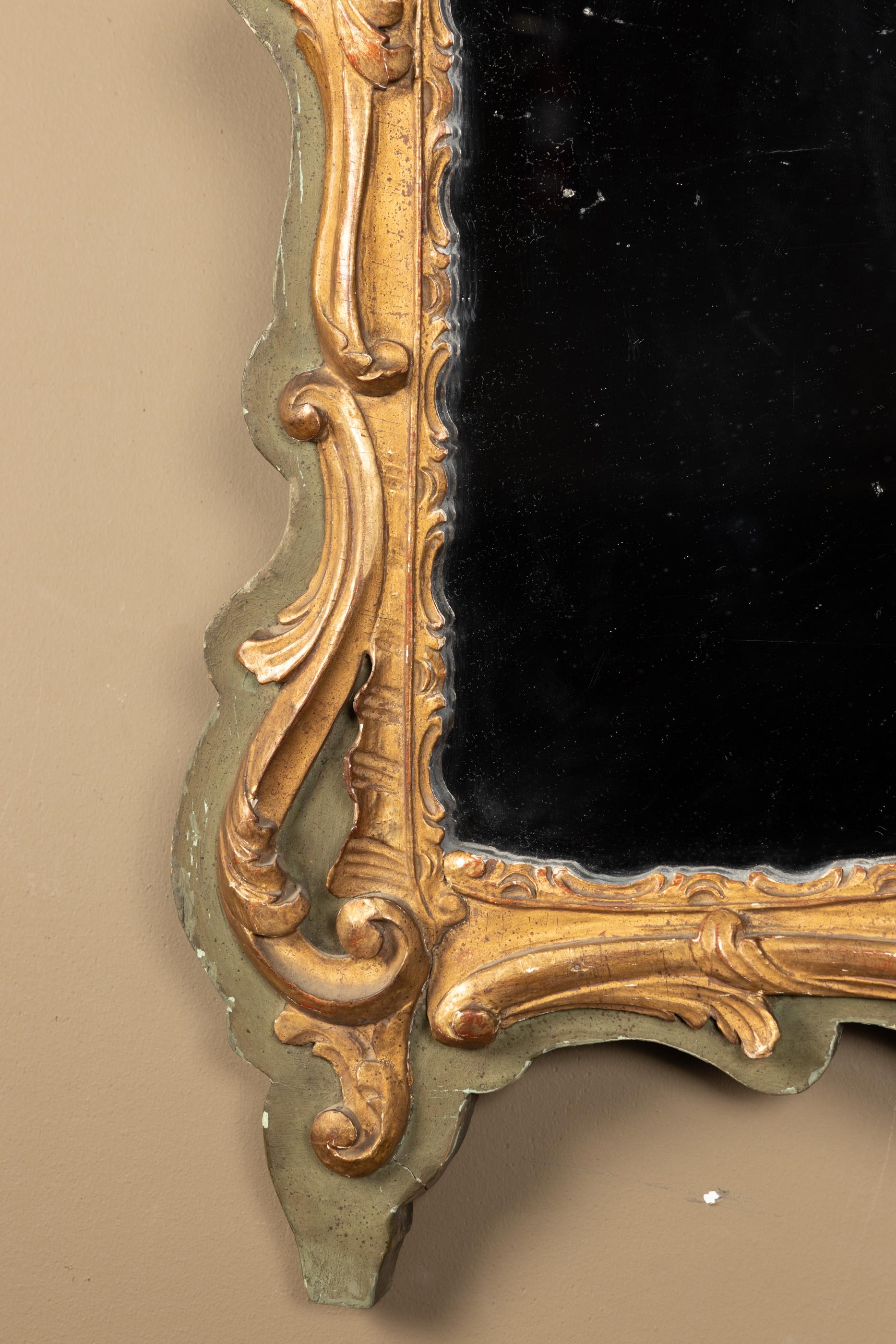French 19th Century Louis XV Gold Leaf Mirror, Olive Green Background For Sale 4