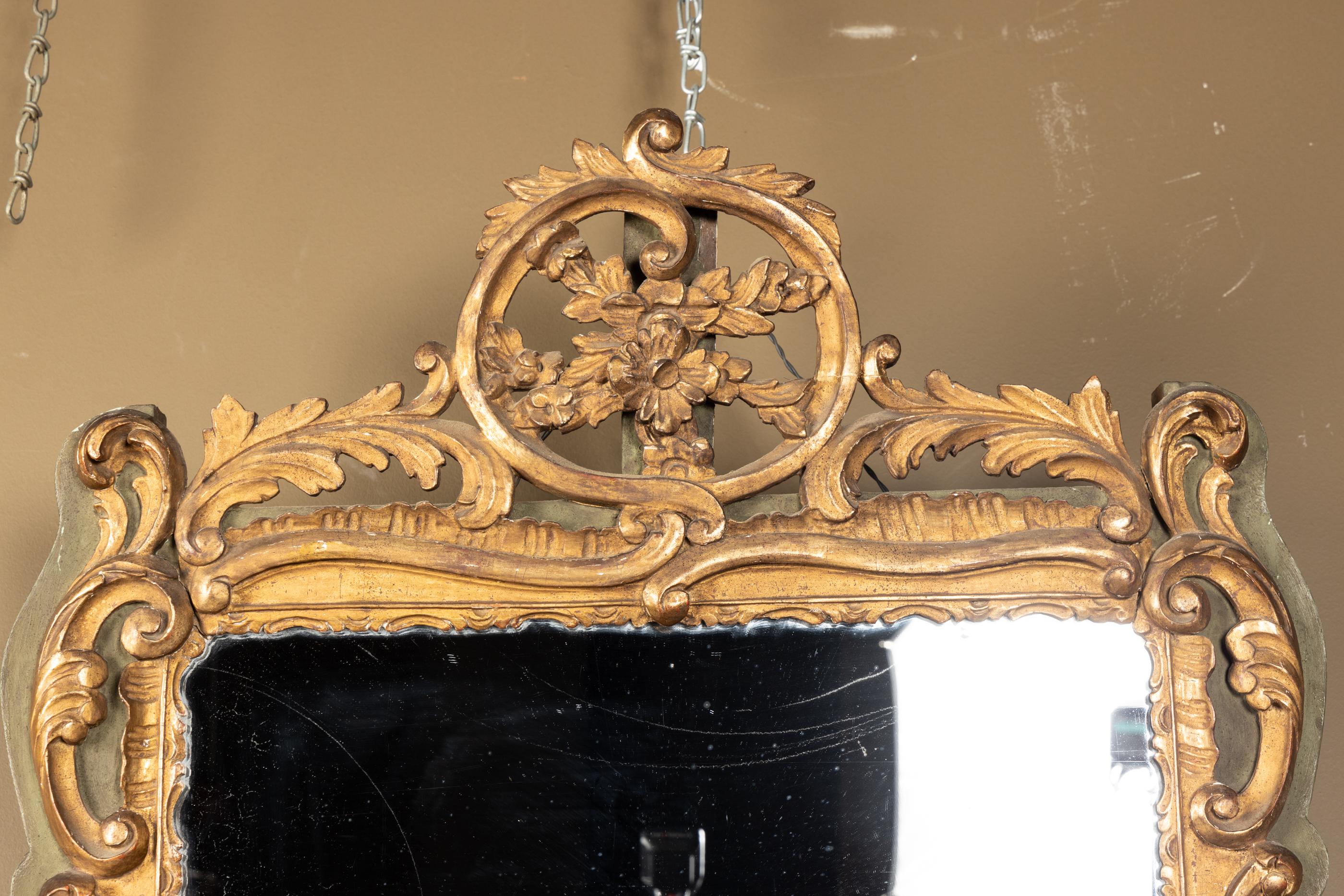 French 19th Century Louis XV Gold Leaf Mirror, Olive Green Background For Sale 5