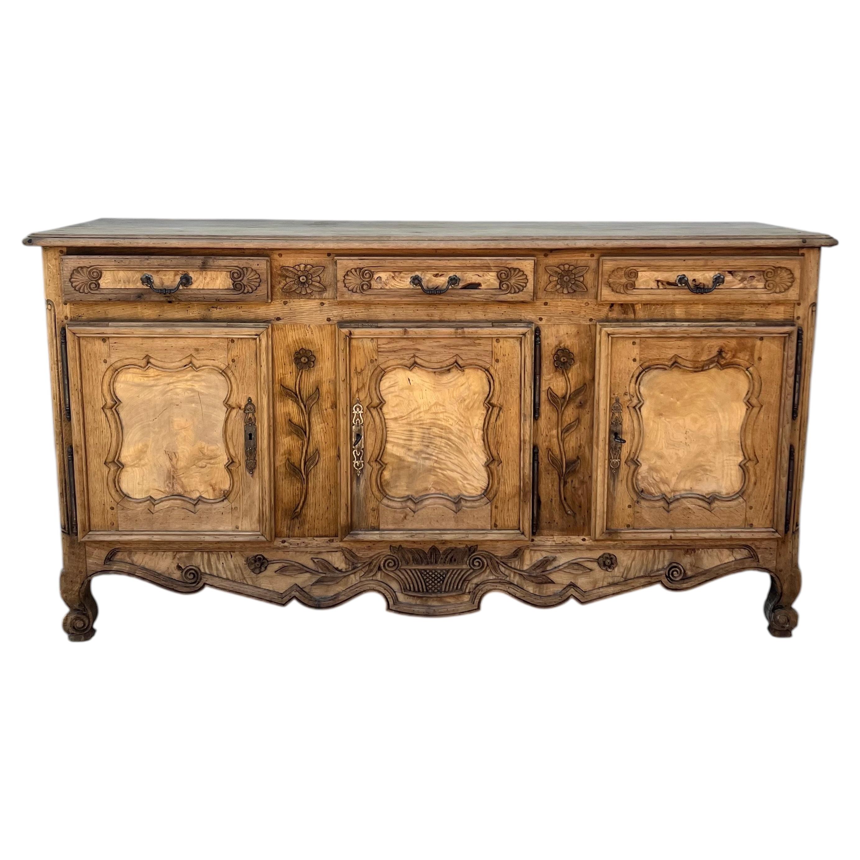 French 19th Century Louis XV Provincial Bleach Oak / Burl Wood Sideboard