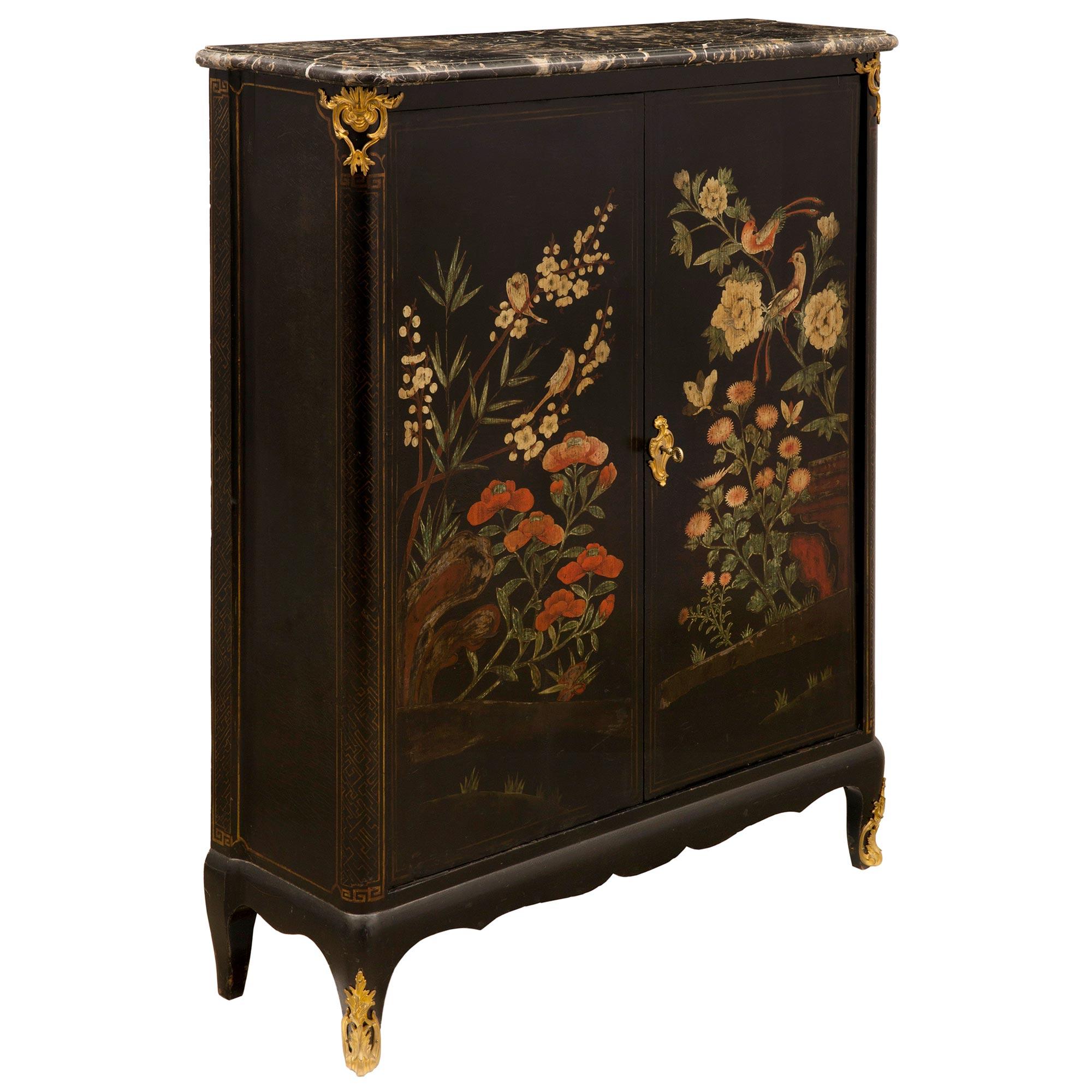 French 19th Century Louis XV Style Black Lacquered, Ormolu and Cabinet 1