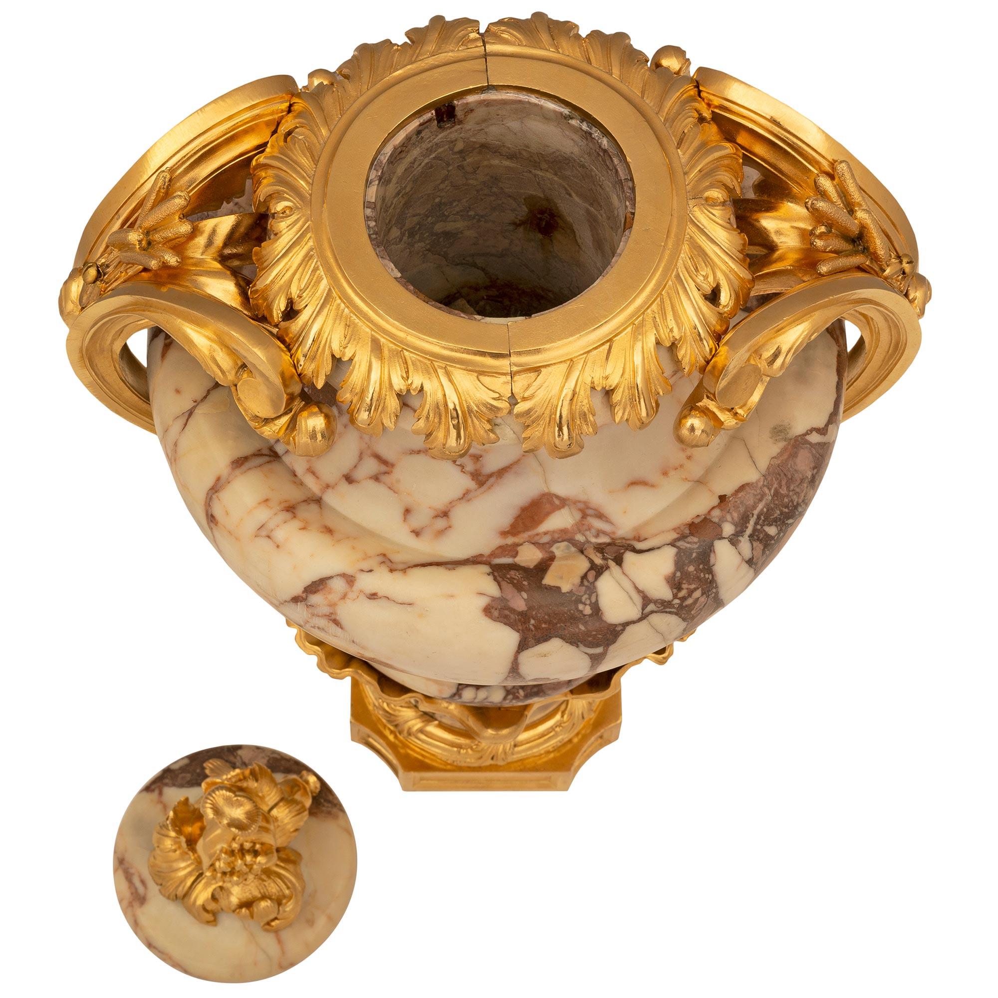 Exceptionnelle urne française du XIXe siècle, de style Louis XV, en marbre Brèche Violette et bronze doré. L'impressionnante urne/trophée est surélevée par une base carrée en bronze doré aux angles concaves et aux motifs décoratifs martelés en