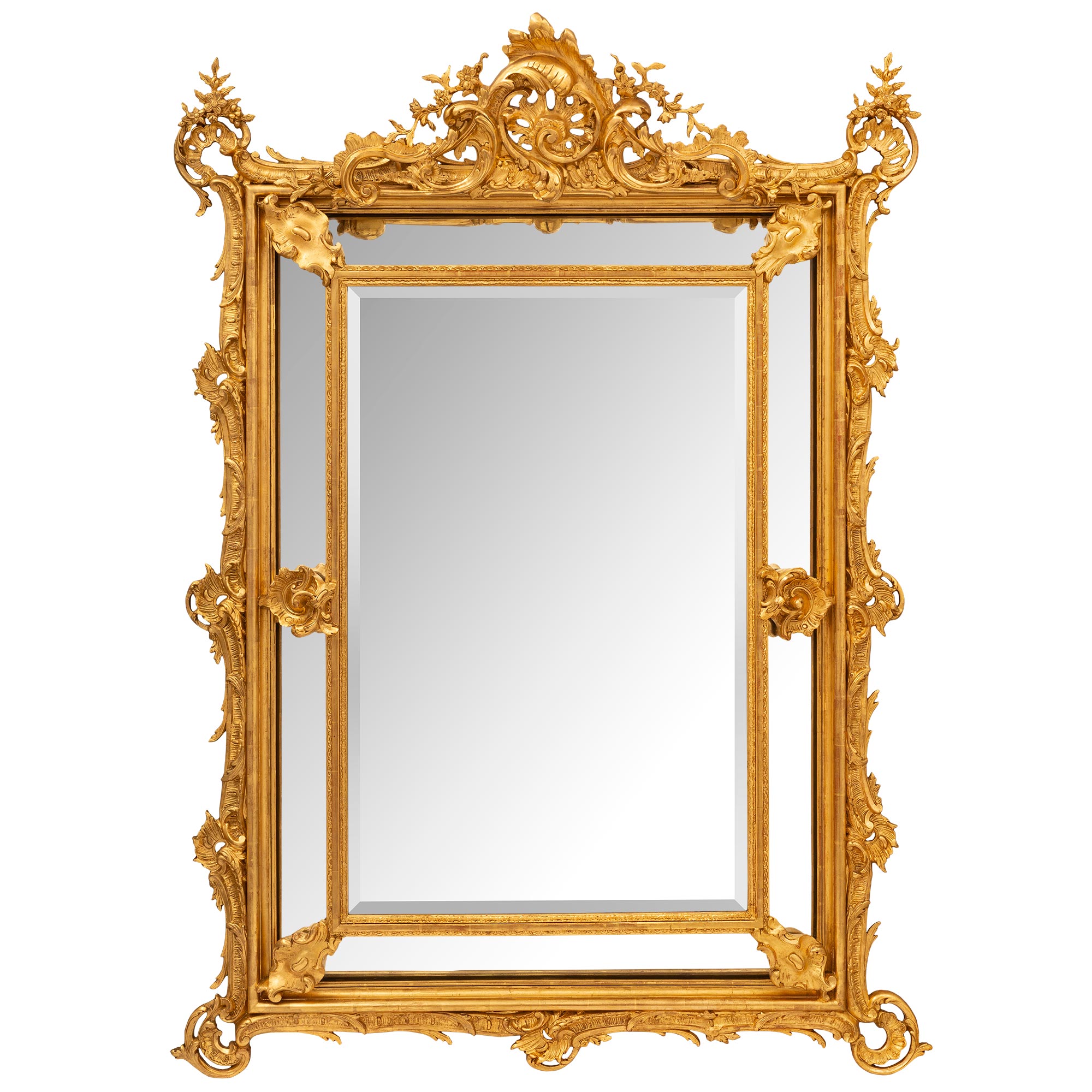 Miroir français du 19ème siècle de style Louis XV à double cadre en bois doré