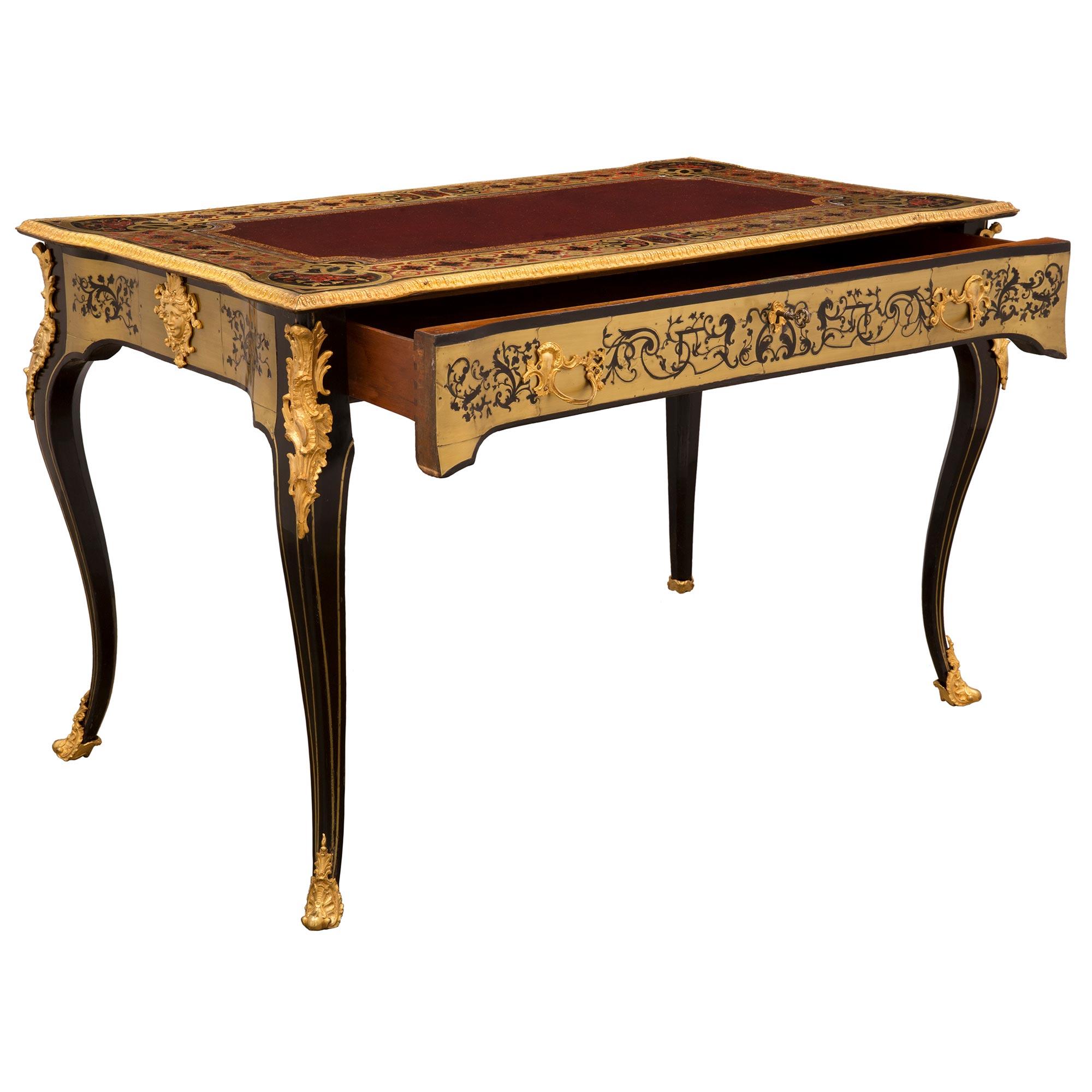 French 19th Century Louis XV St. Ebony, Tortoiseshell, Brass, and Leather Desk In Good Condition For Sale In West Palm Beach, FL
